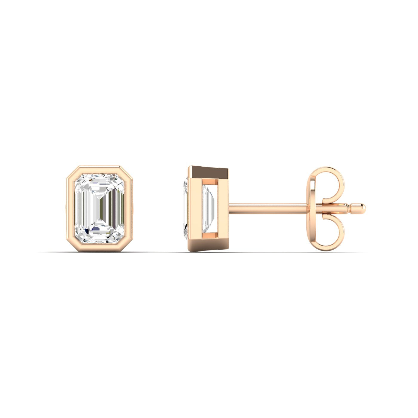 Bezel-set emerald cut diamond stud earrings, featuring sleek and modern design with stunning rectangular diamonds for a sophisticated look | Rose Gold | Side View