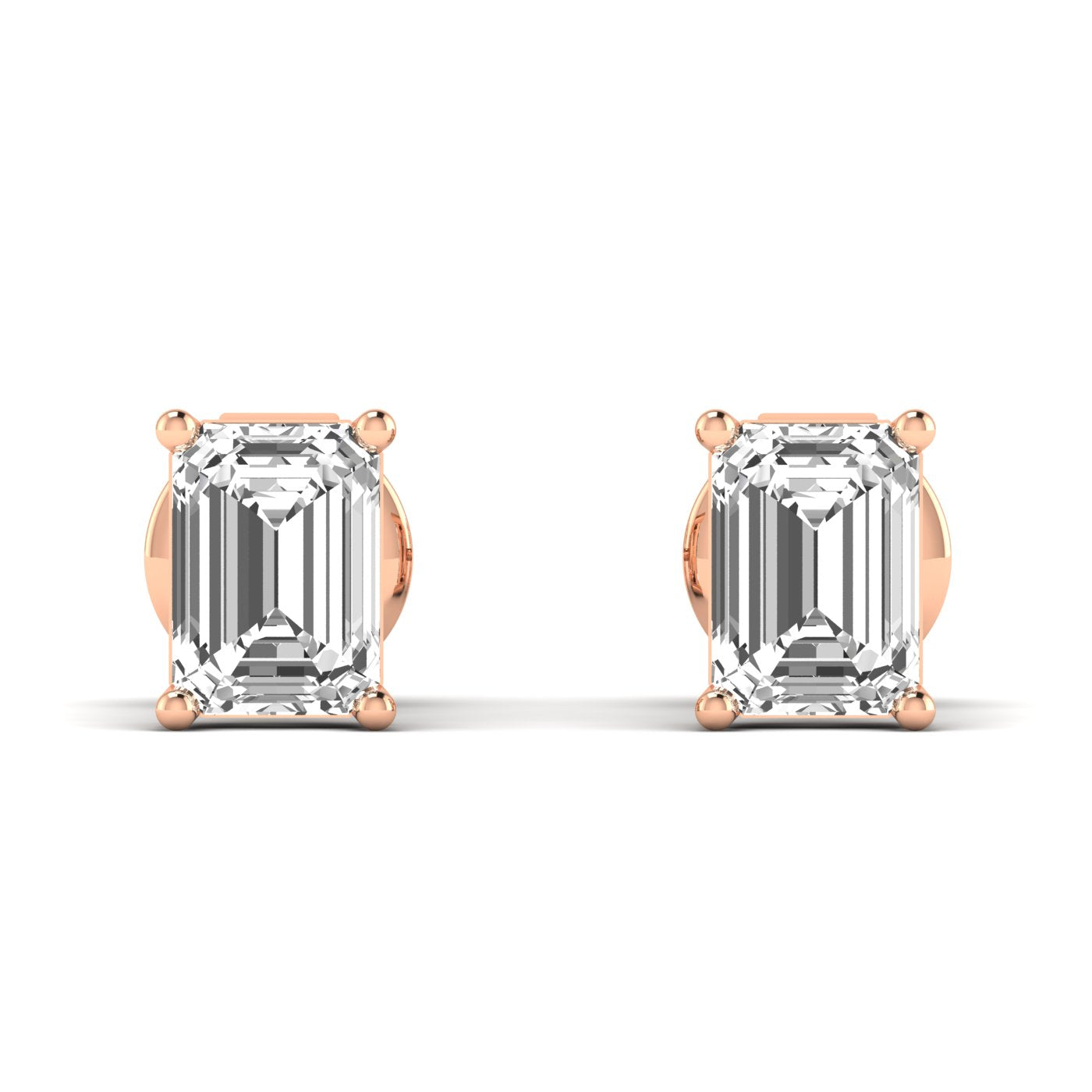 Elegant emerald cut diamond stud earrings featuring timeless, rectangular diamonds set in a sleek metal setting for a sophisticated look | Rose Gold | Front View