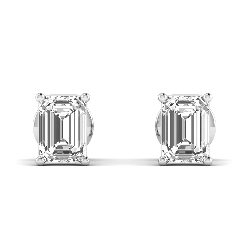 Elegant emerald cut diamond stud earrings featuring timeless, rectangular diamonds set in a sleek metal setting for a sophisticated look | White Gold | Front View