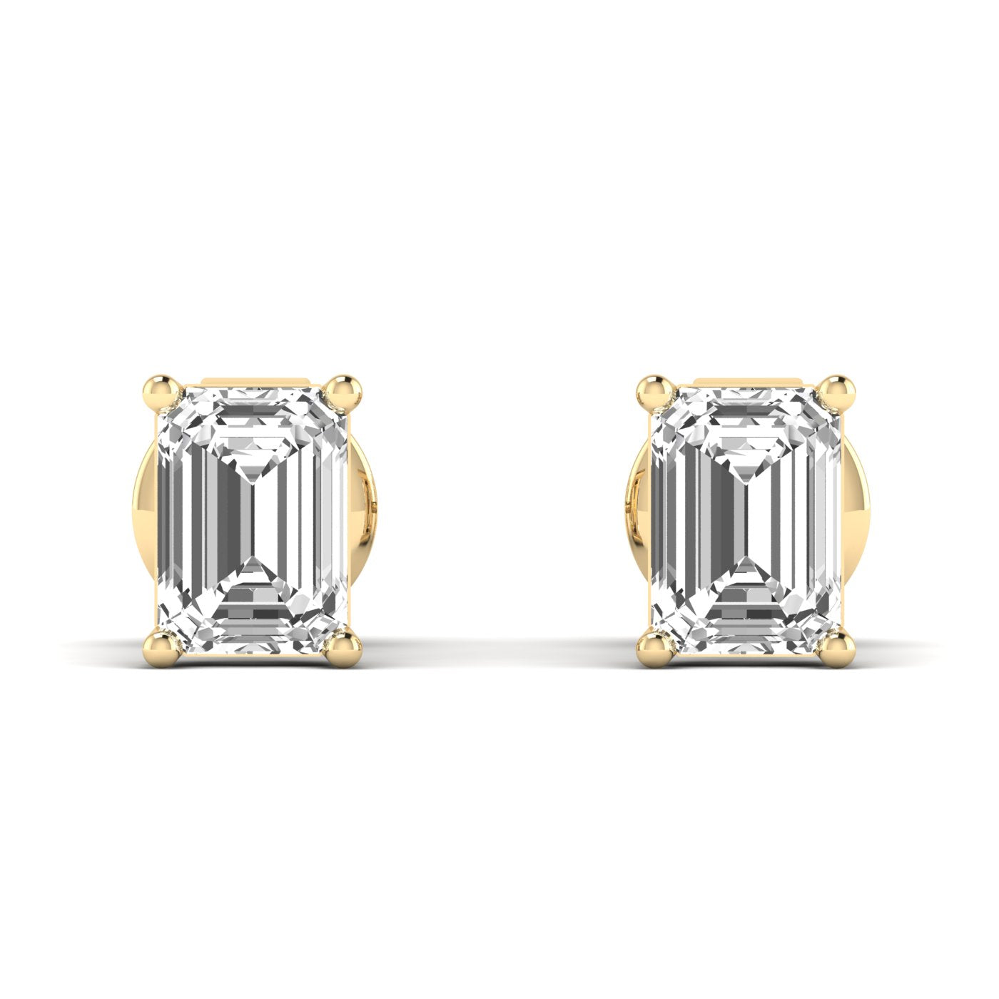 Elegant emerald cut diamond stud earrings featuring timeless, rectangular diamonds set in a sleek metal setting for a sophisticated look | Yellow Gold | Front View