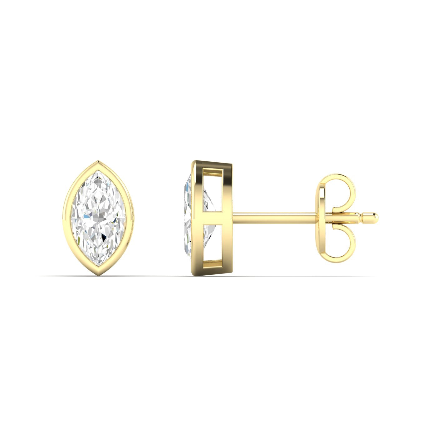 Bezel-set marquise diamond stud earrings featuring elegant marquise-cut diamonds in a secure and modern bezel setting for a sophisticated look | Yellow Gold | Side View