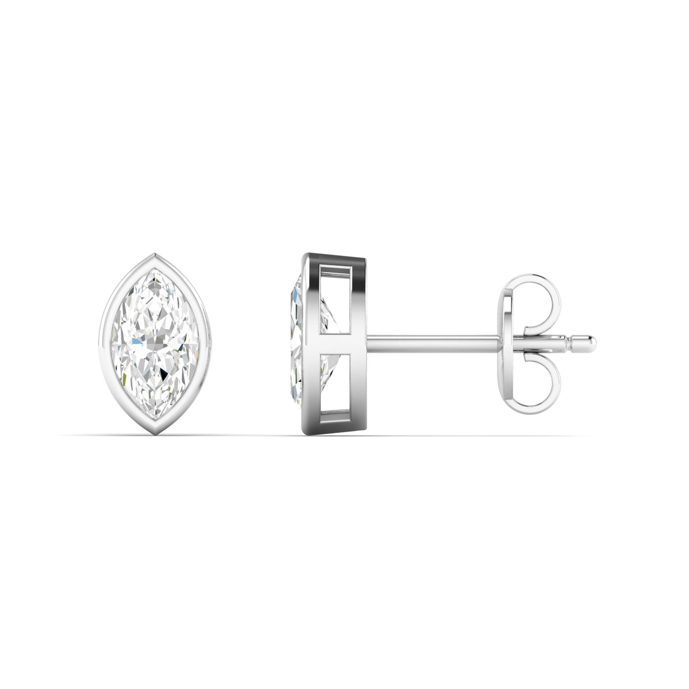 Bezel-set marquise diamond stud earrings featuring elegant marquise-cut diamonds in a secure and modern bezel setting for a sophisticated look | White Gold | Side View