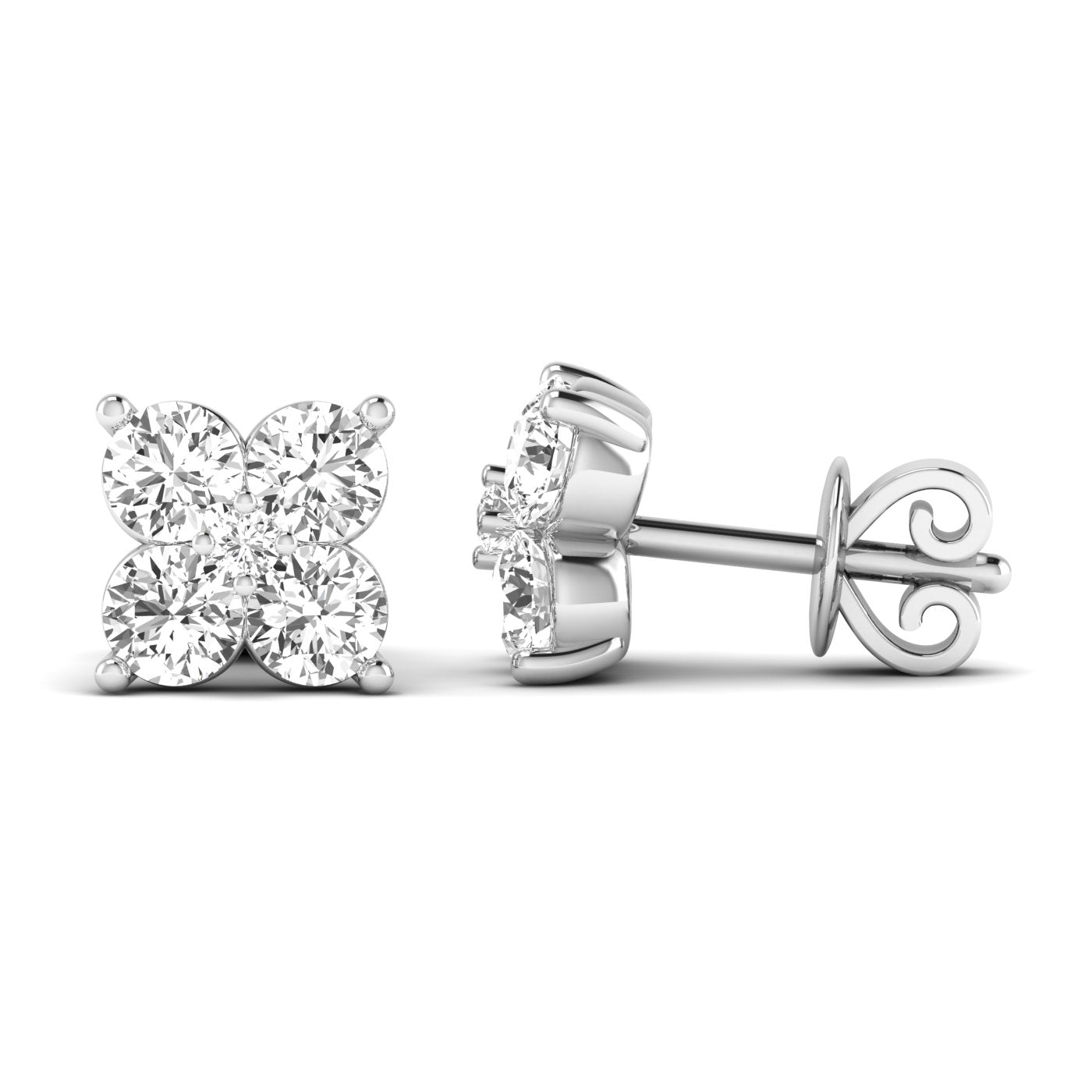 Elegant Quatro diamond cluster stud earrings featuring a unique design with four sparkling diamonds in a luxurious setting | White Gold | Side View