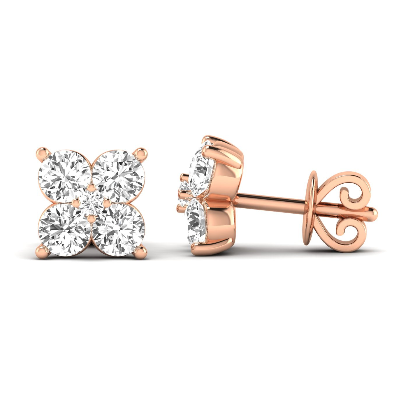 Elegant Quatro diamond cluster stud earrings featuring a unique design with four sparkling diamonds in a luxurious setting | Rose Gold | Side View