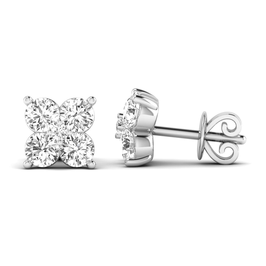 Elegant Quatro diamond cluster stud earrings featuring a unique design with four sparkling diamonds in a luxurious setting | White Gold | Side View