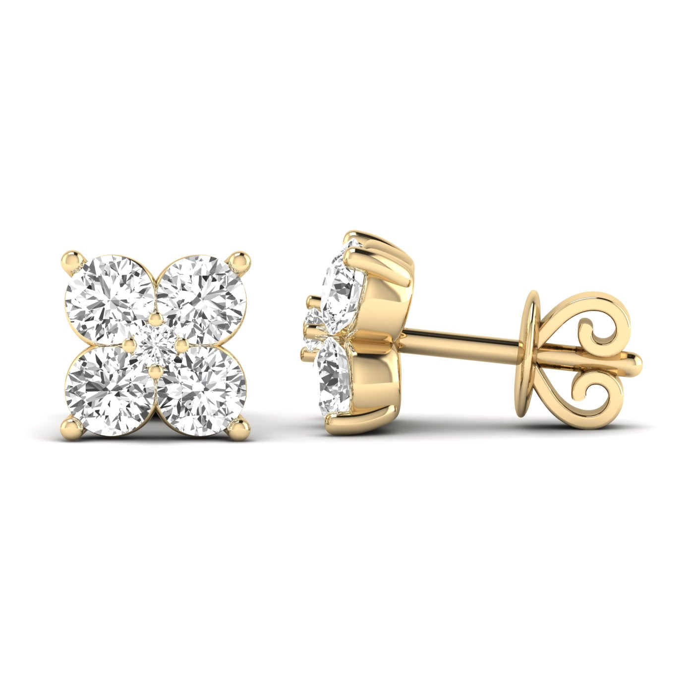 Elegant Quatro diamond cluster stud earrings featuring a unique design with four sparkling diamonds in a luxurious setting | Yellow Gold | Side View