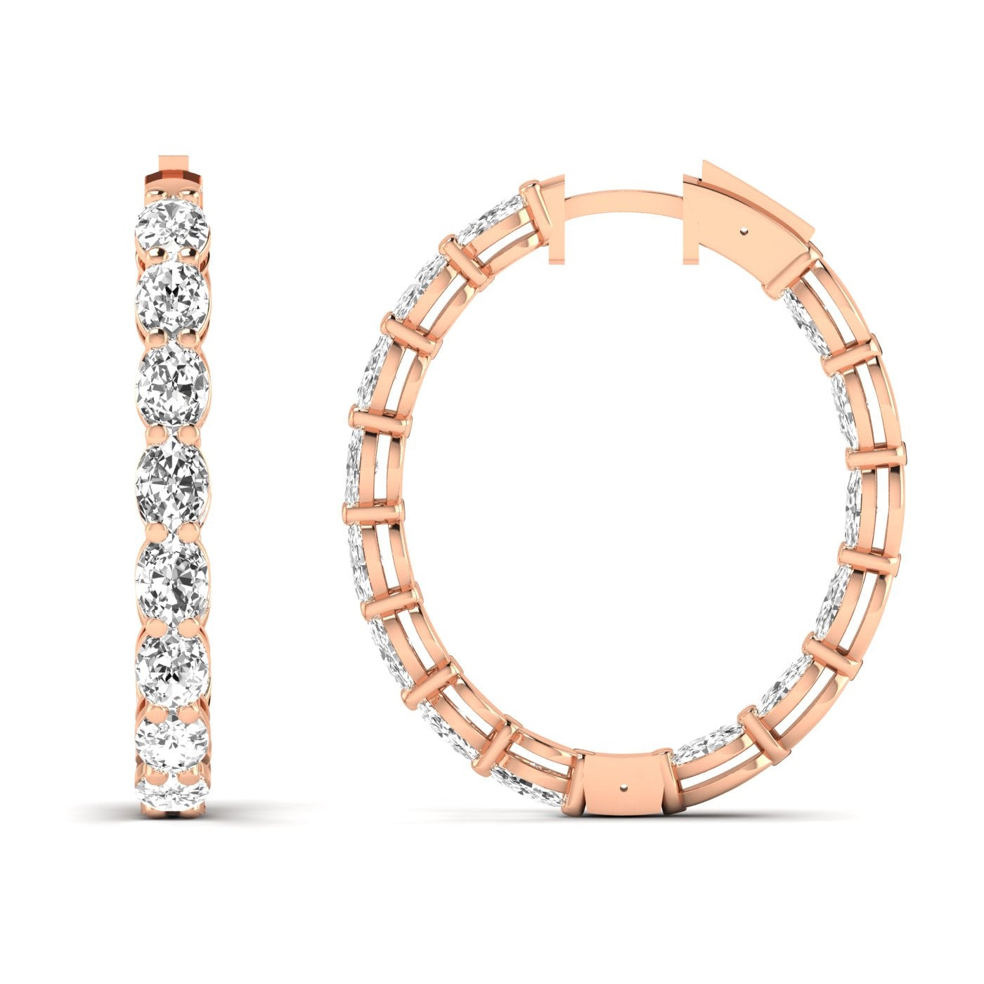 Stunning oval double row diamond hoop earrings featuring two rows of dazzling diamonds set in fine metal, offering a luxurious and eye-catching design | Rose Gold | Front + Side View