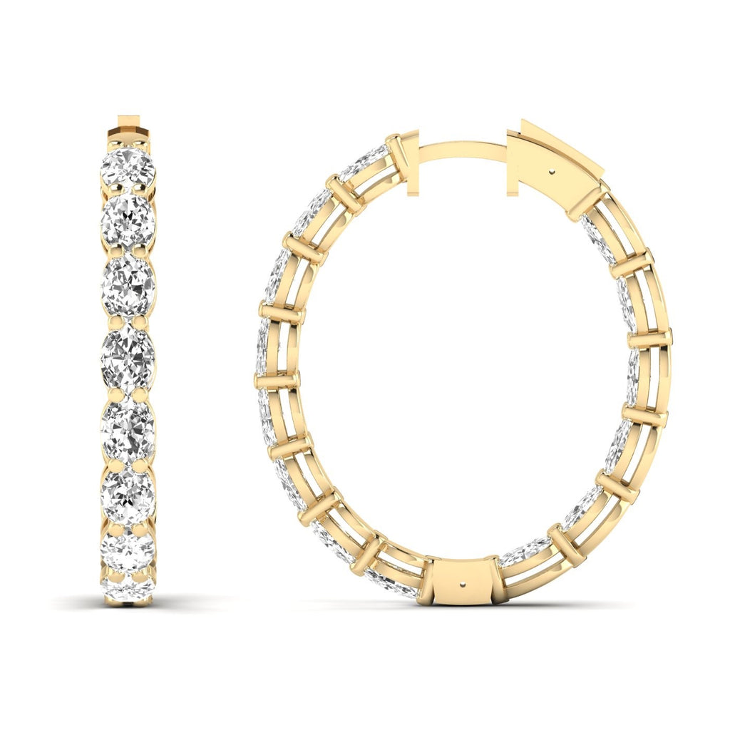 Stunning oval double row diamond hoop earrings featuring two rows of dazzling diamonds set in fine metal, offering a luxurious and eye-catching design | Yellow Gold | Front + Side View