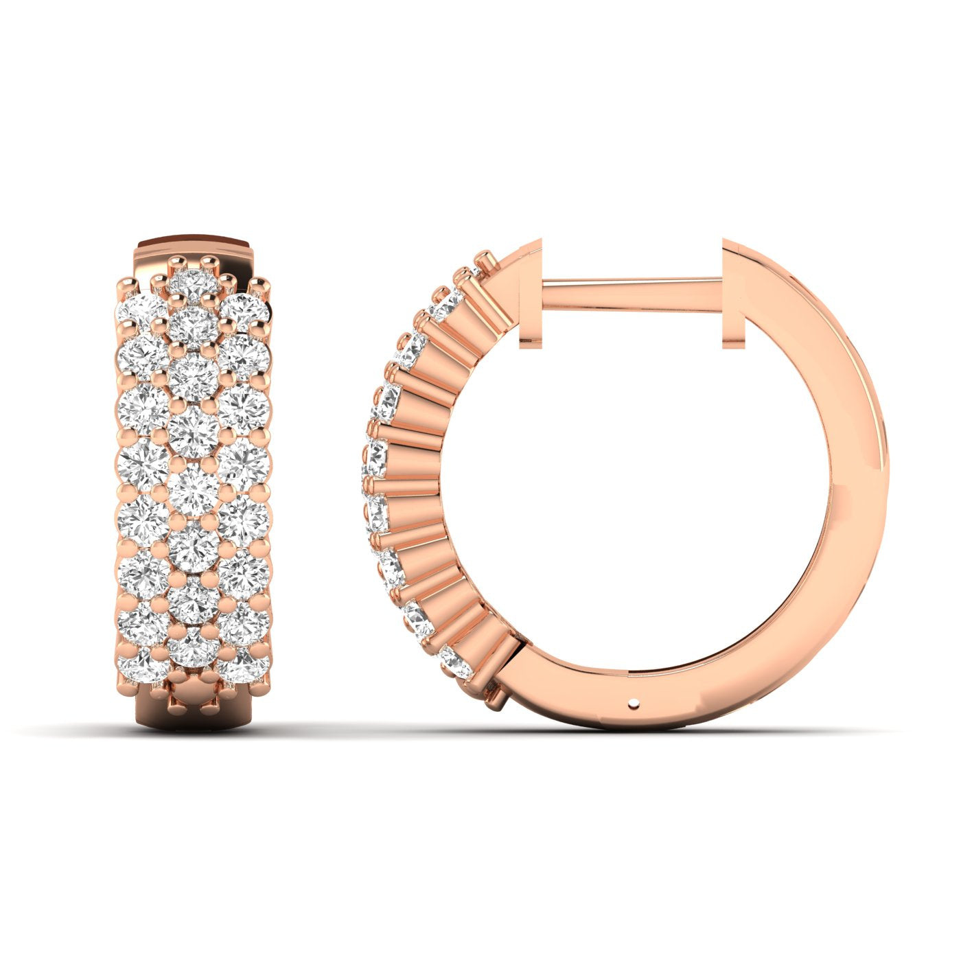 Stunning round cluster diamond hoop earrings with intricate diamond arrangement, set in fine metal, offering a bold, glamorous look perfect for special occasions | Rose Gold | Front + Side View