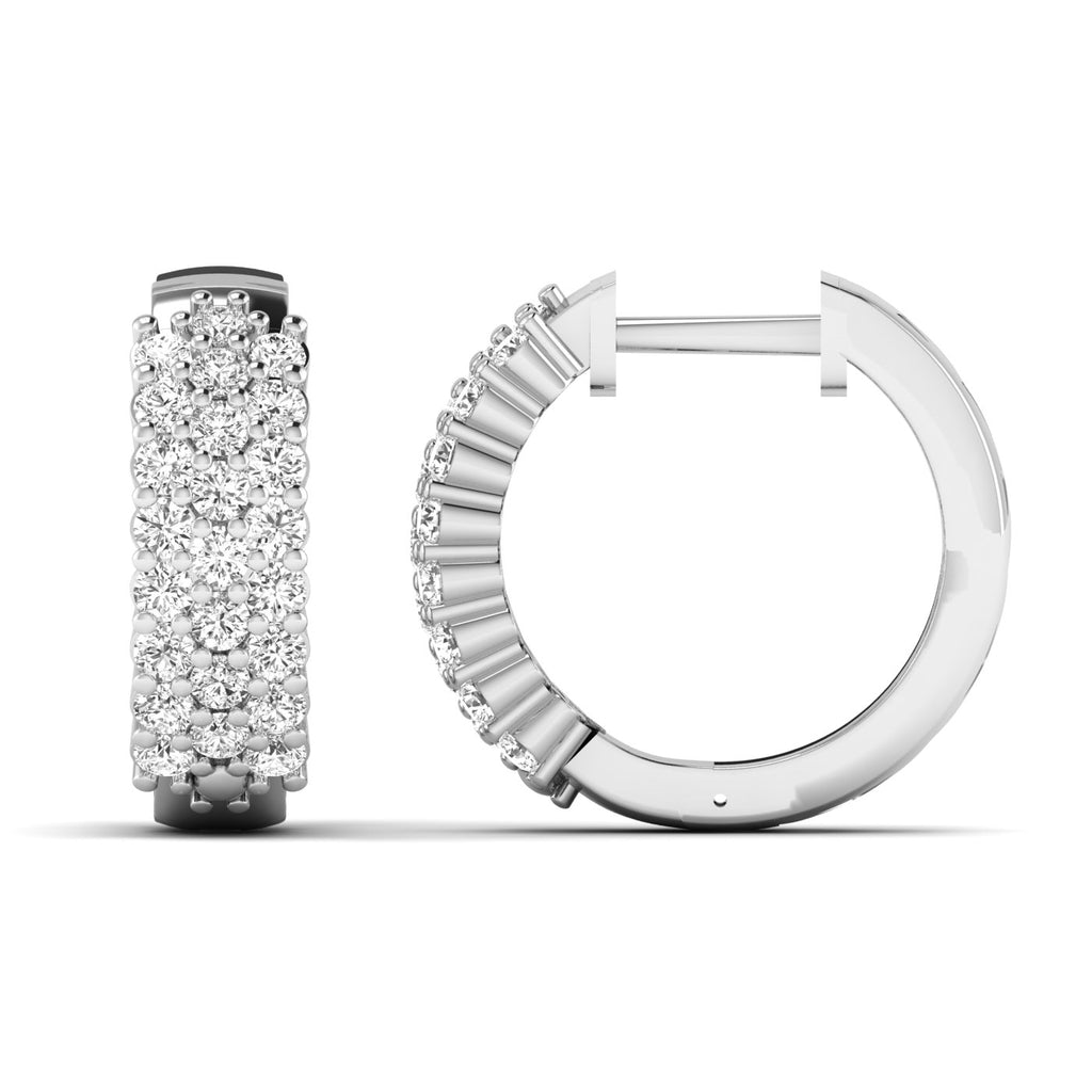 Stunning round cluster diamond hoop earrings with intricate diamond arrangement, set in fine metal, offering a bold, glamorous look perfect for special occasions | White Gold | Front + Side View