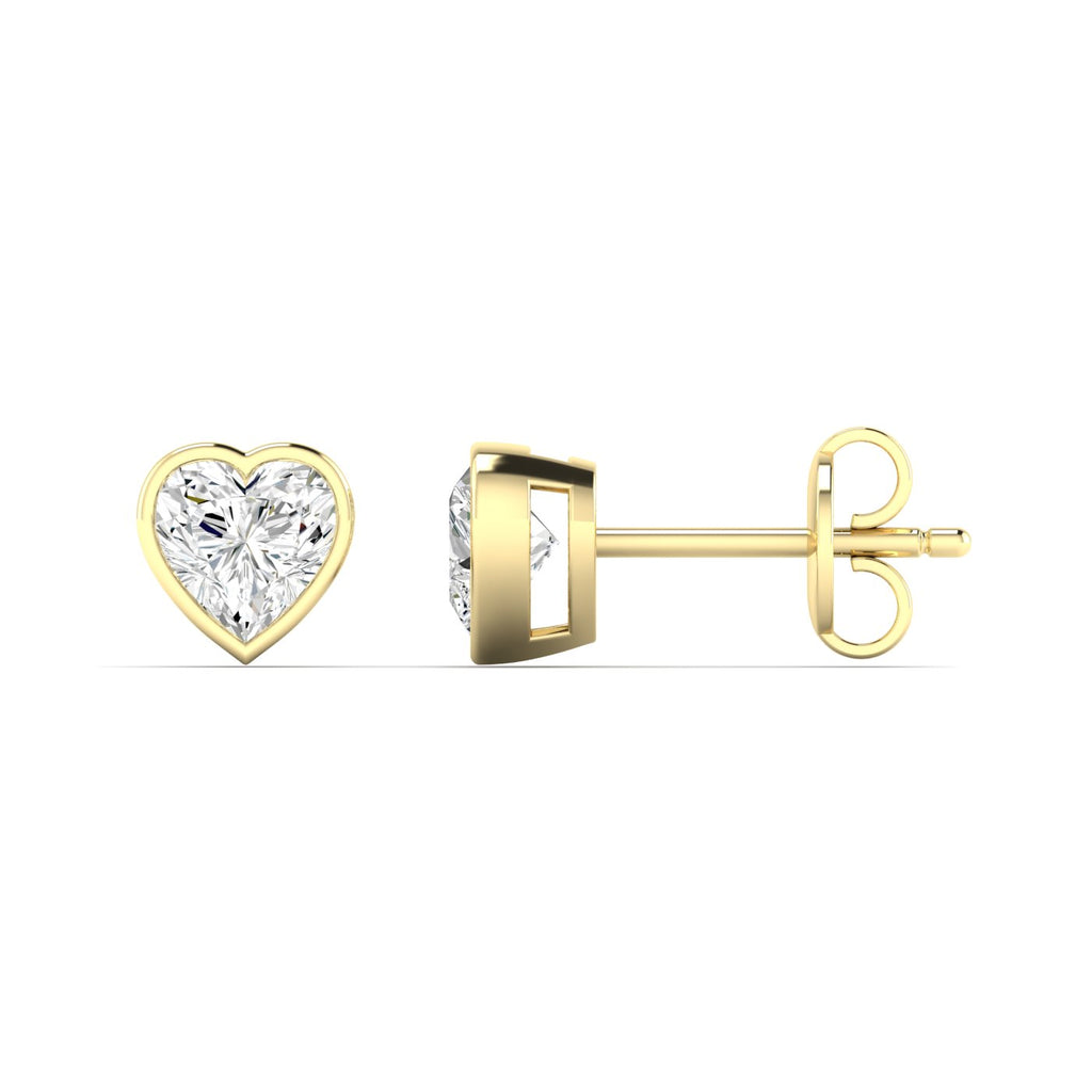 Bezel-set heart diamond stud earrings featuring sparkling heart-shaped diamonds in a secure, modern bezel setting for a romantic and elegant look | Yellow Gold | Side View