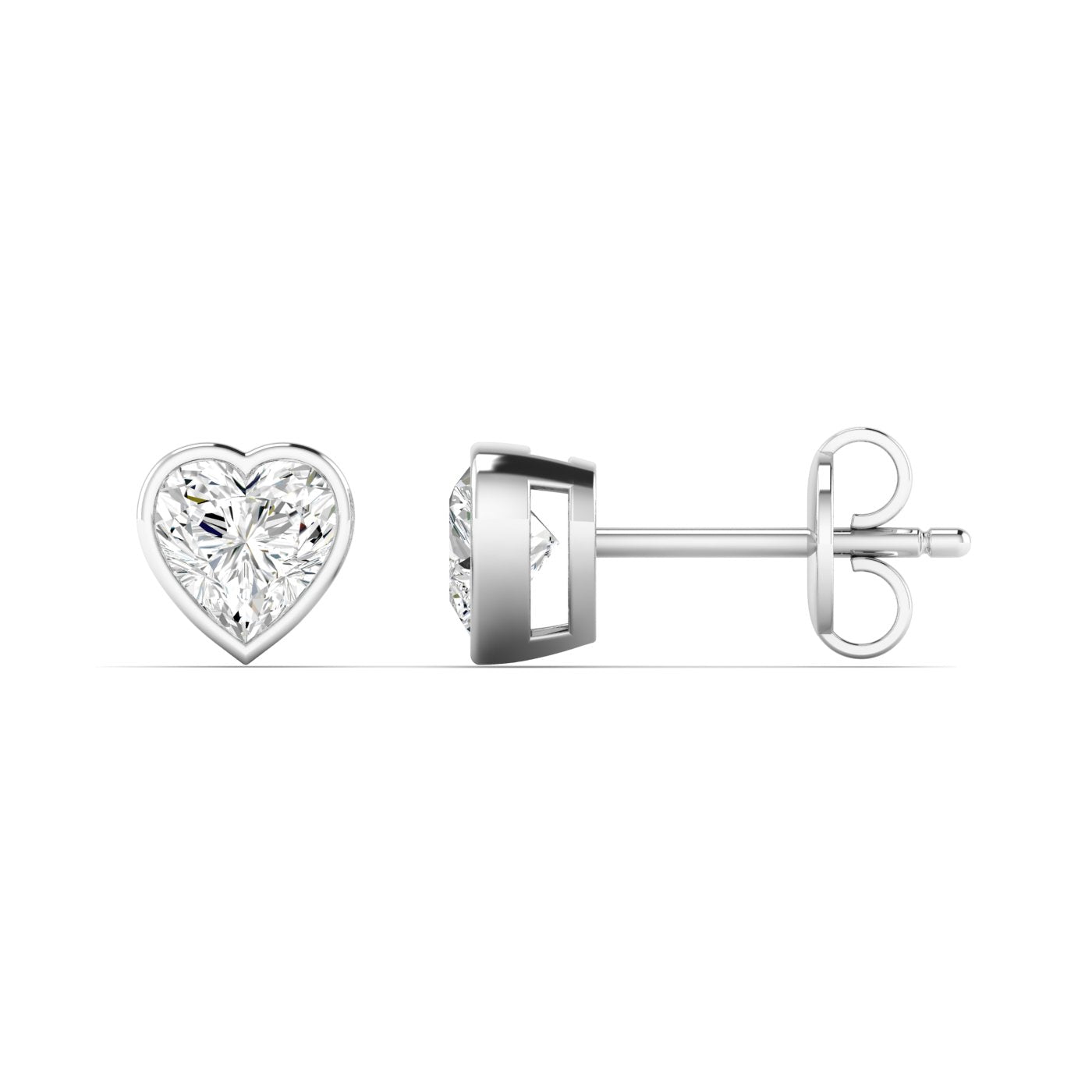 Bezel-set heart diamond stud earrings featuring sparkling heart-shaped diamonds in a secure, modern bezel setting for a romantic and elegant look | White Gold | Side View