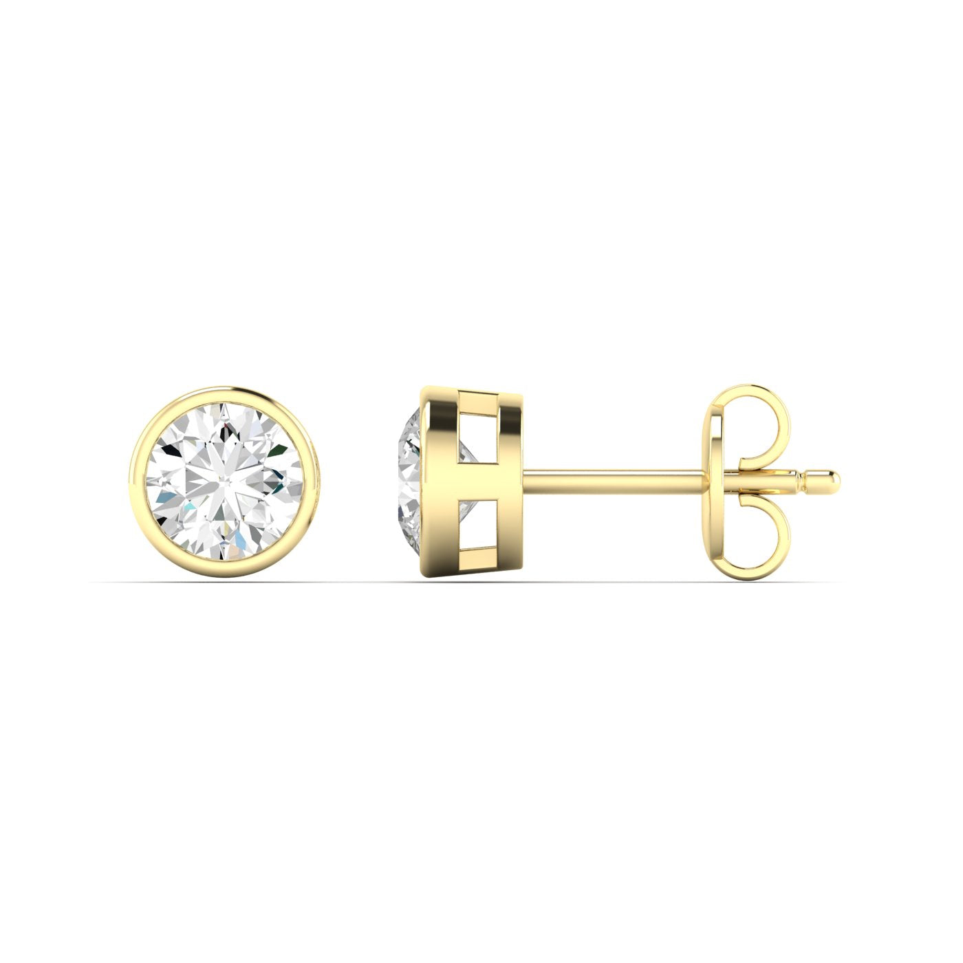 Classic round bezel diamond stud earrings, set in a sleek metal setting for a sophisticated and modern look | Yellow Gold | Side View