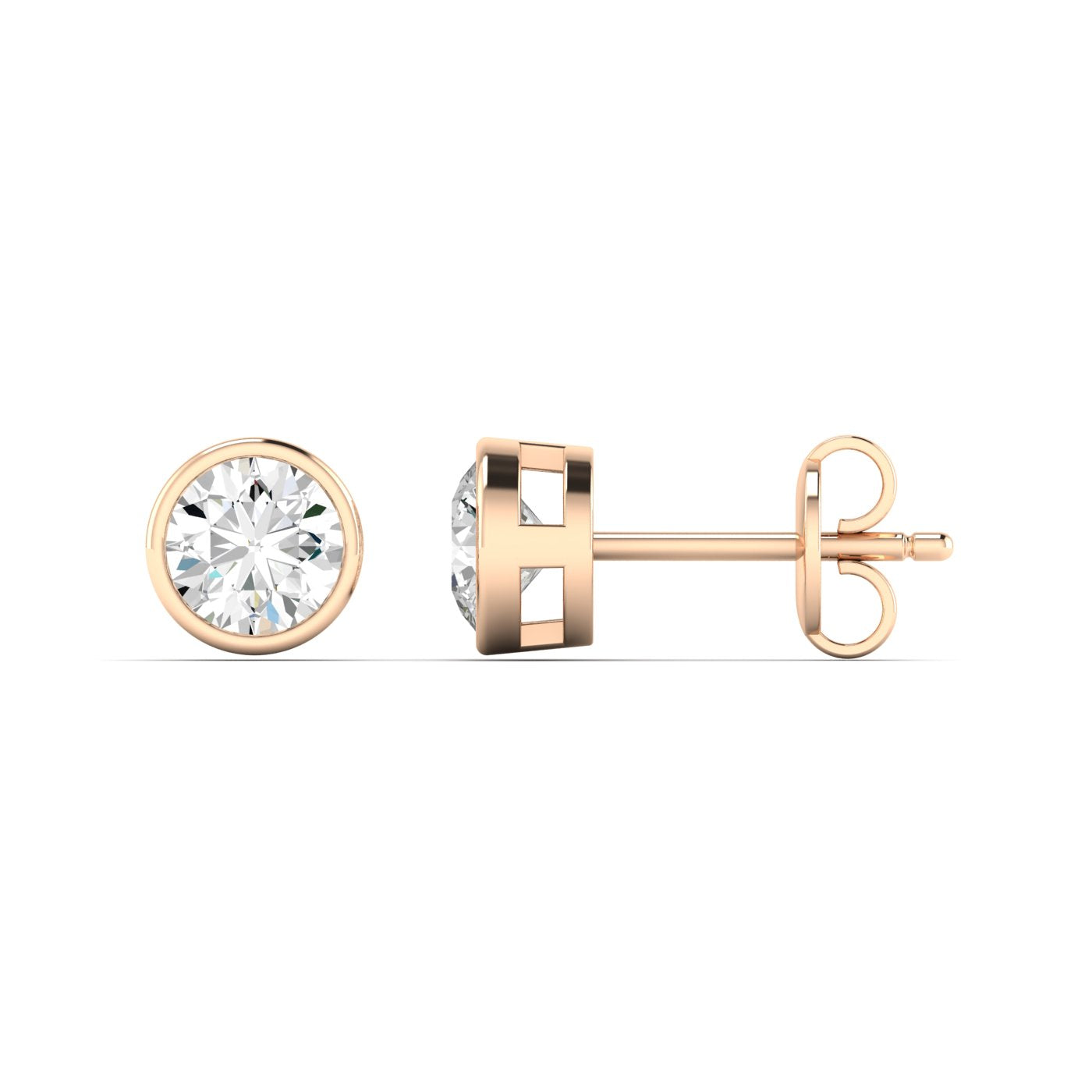 Classic round bezel diamond stud earrings, set in a sleek metal setting for a sophisticated and modern look | Rose Gold | Side View