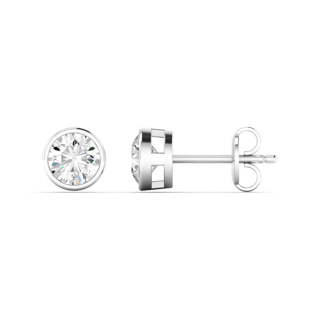 Classic round bezel diamond stud earrings, set in a sleek metal setting for a sophisticated and modern look | White Gold | Side View