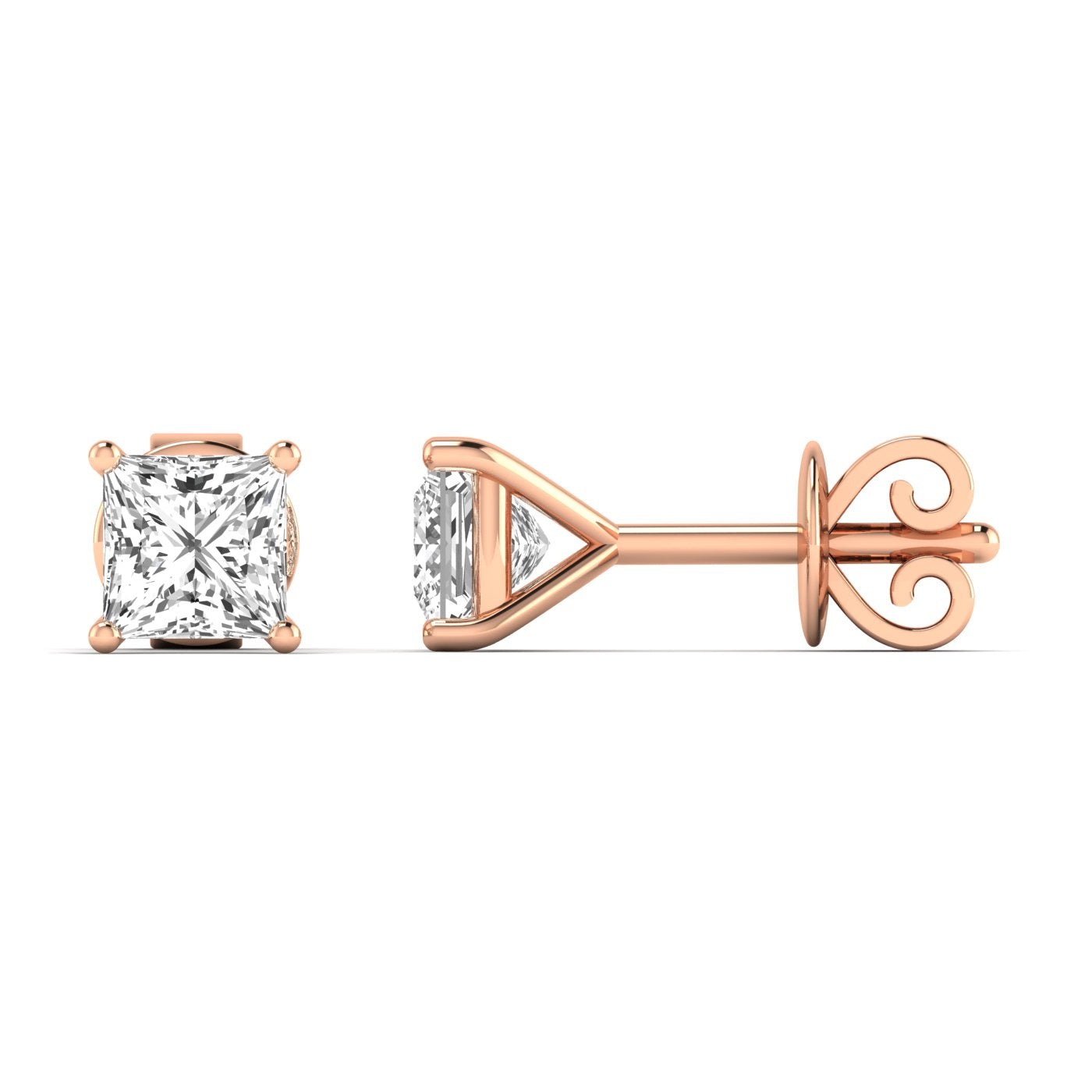 Elegant princess cut diamond stud earrings set in a sleek metal setting, offering a brilliant and modern look | Rose Gold | Side View