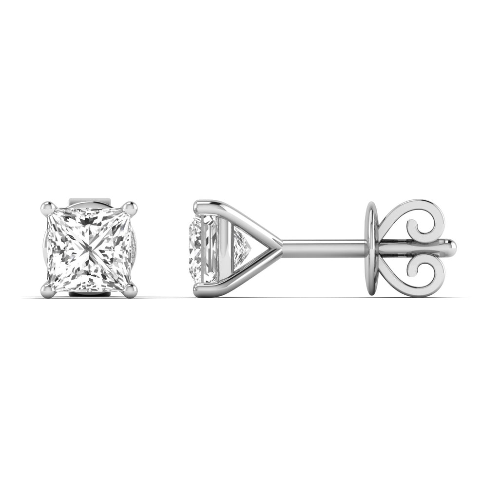 Elegant princess cut diamond stud earrings set in a sleek metal setting, offering a brilliant and modern look | White Gold | Side View