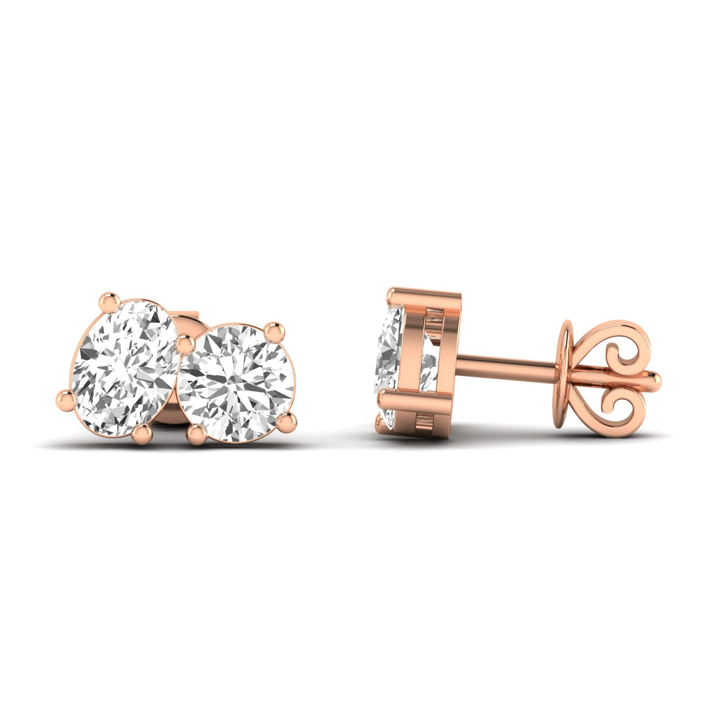 Timeless Round &amp; Oval Diamond Toi et Moi Earrings featuring a classic and elegant design with sparkling diamonds | Rose Gold | Side View