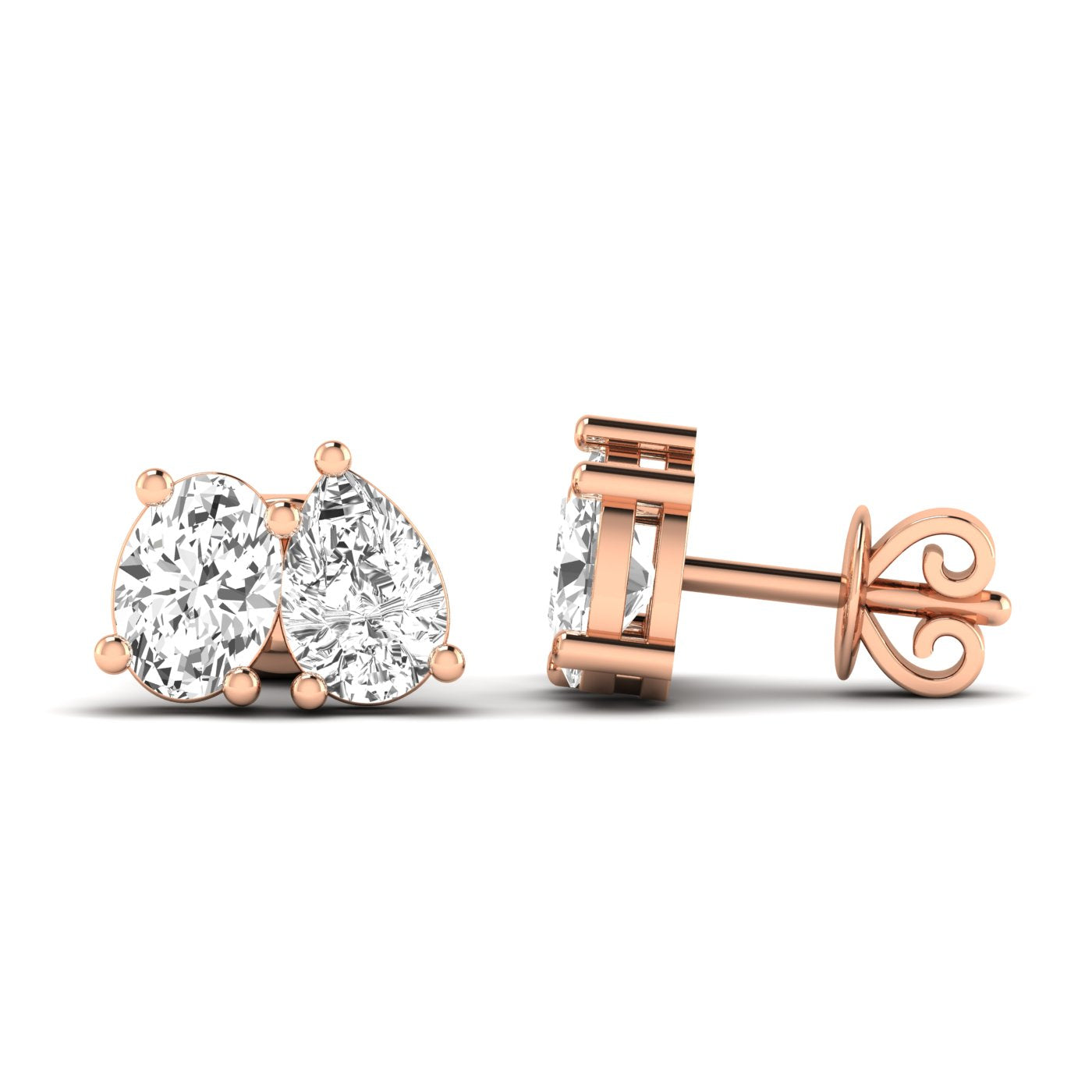 Classic Pear &amp; Oval Diamond Toi et Moi Earrings with stunning diamonds, offering a perfect blend of elegance and timeless design | Rose Gold | Side View