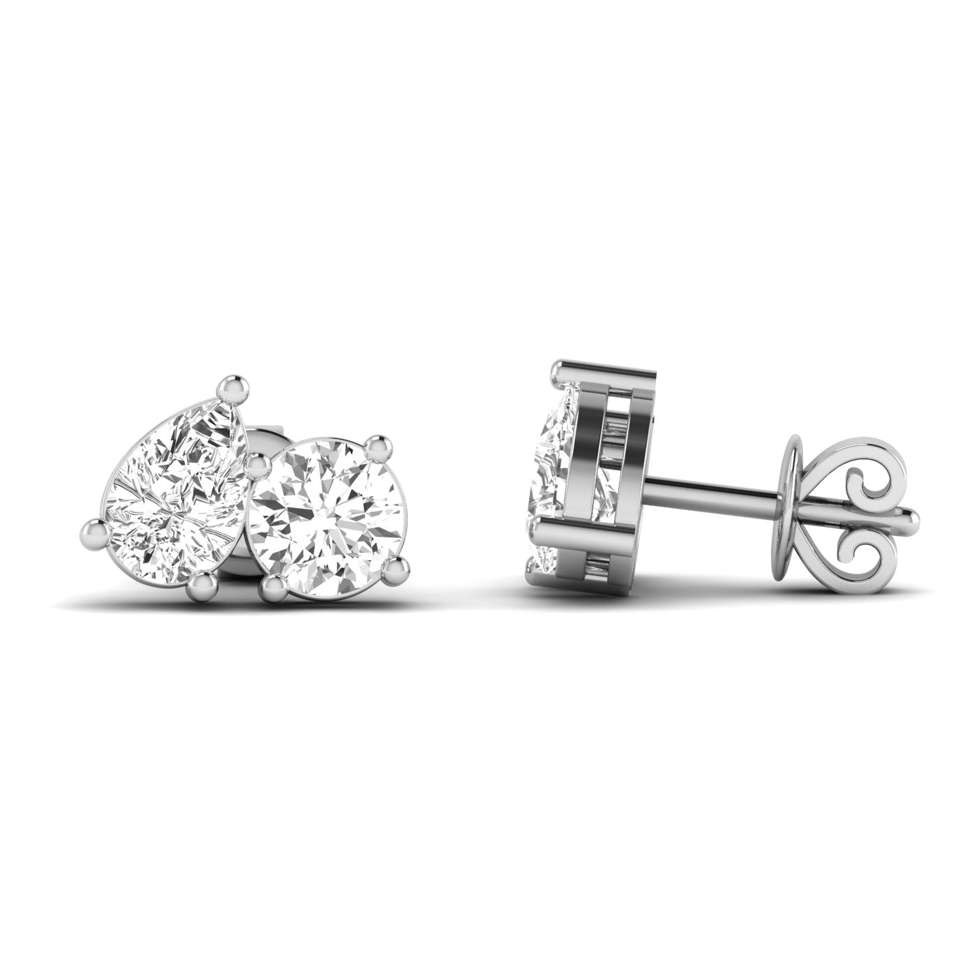 Elegant round and pear diamond Toi et Moi earrings in platinum setting, symbolizing love and unity | White Gold | Side View