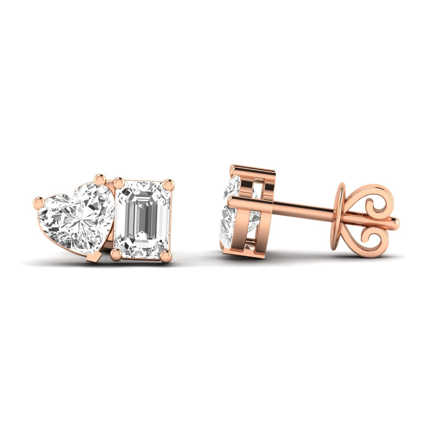 Elegant emerald cut heart diamond Toi et Moi earrings in a luxurious platinum setting, symbolizing love and timeless beauty | Rose Gold | Side View