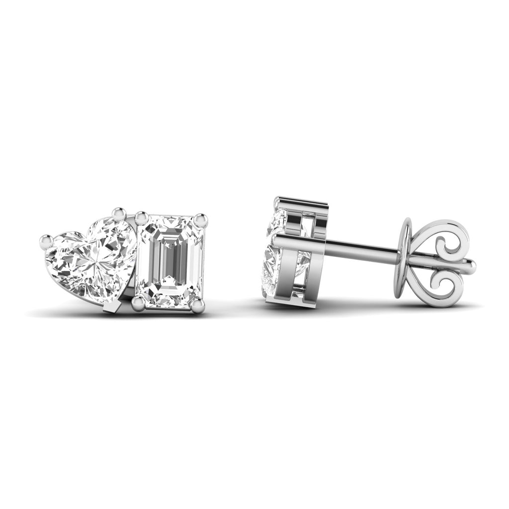 Elegant emerald cut heart diamond Toi et Moi earrings in a luxurious platinum setting, symbolizing love and timeless beauty | White Gold | Side View