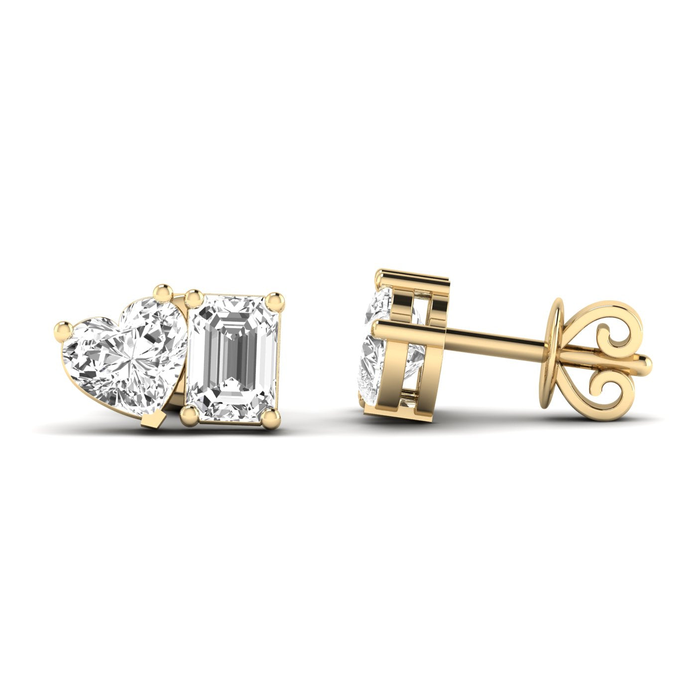 Elegant emerald cut heart diamond Toi et Moi earrings in a luxurious platinum setting, symbolizing love and timeless beauty | Yellow Gold | Side View