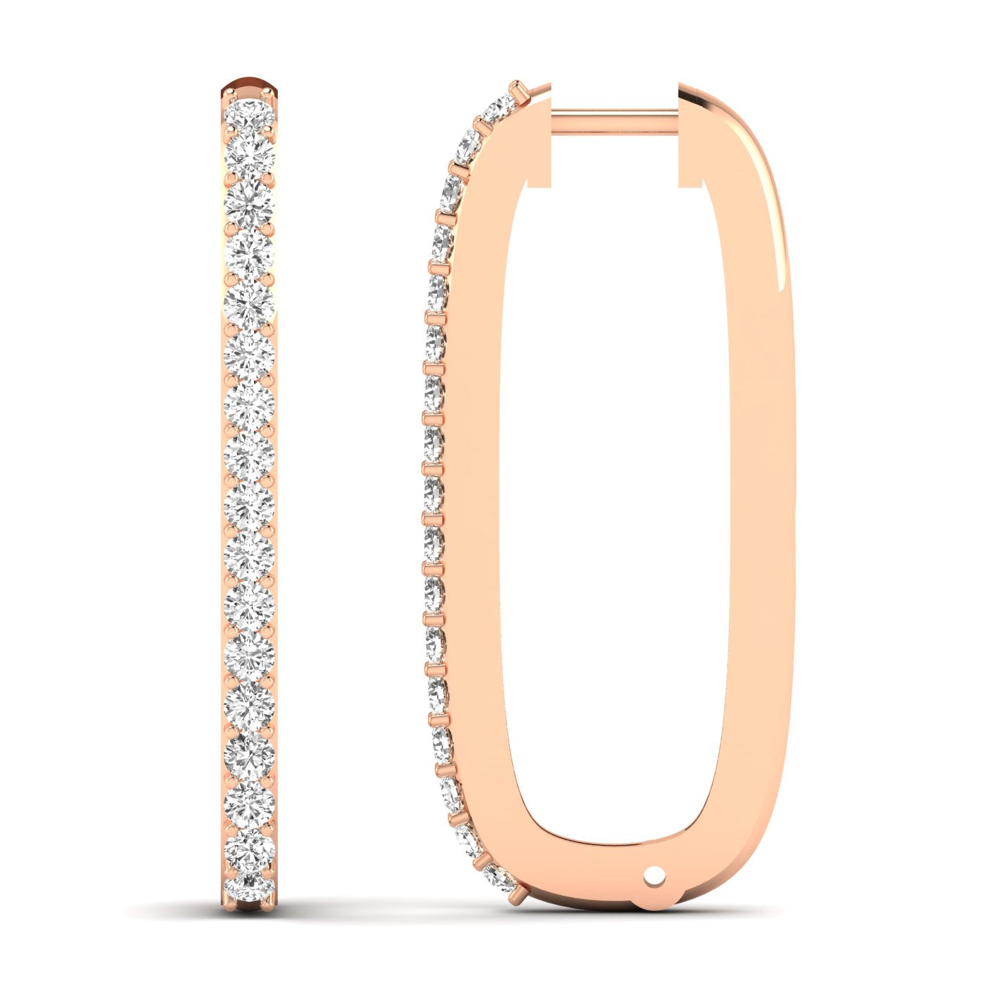 Elegant bold elongated diamond hoop earrings featuring sparkling diamonds set in high-quality metal, perfect for a chic and sophisticated look | Rose Gold | Front + Side View