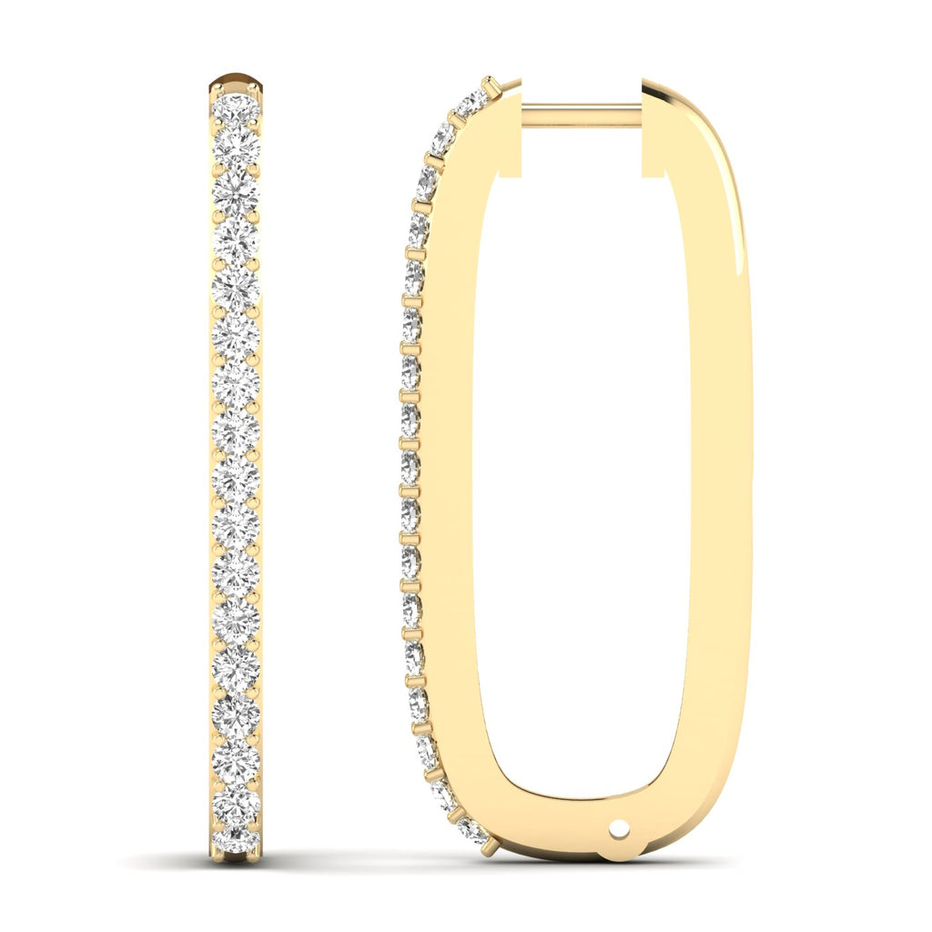 Elegant bold elongated diamond hoop earrings featuring sparkling diamonds set in high-quality metal, perfect for a chic and sophisticated look | Yellow Gold | Front + Side View