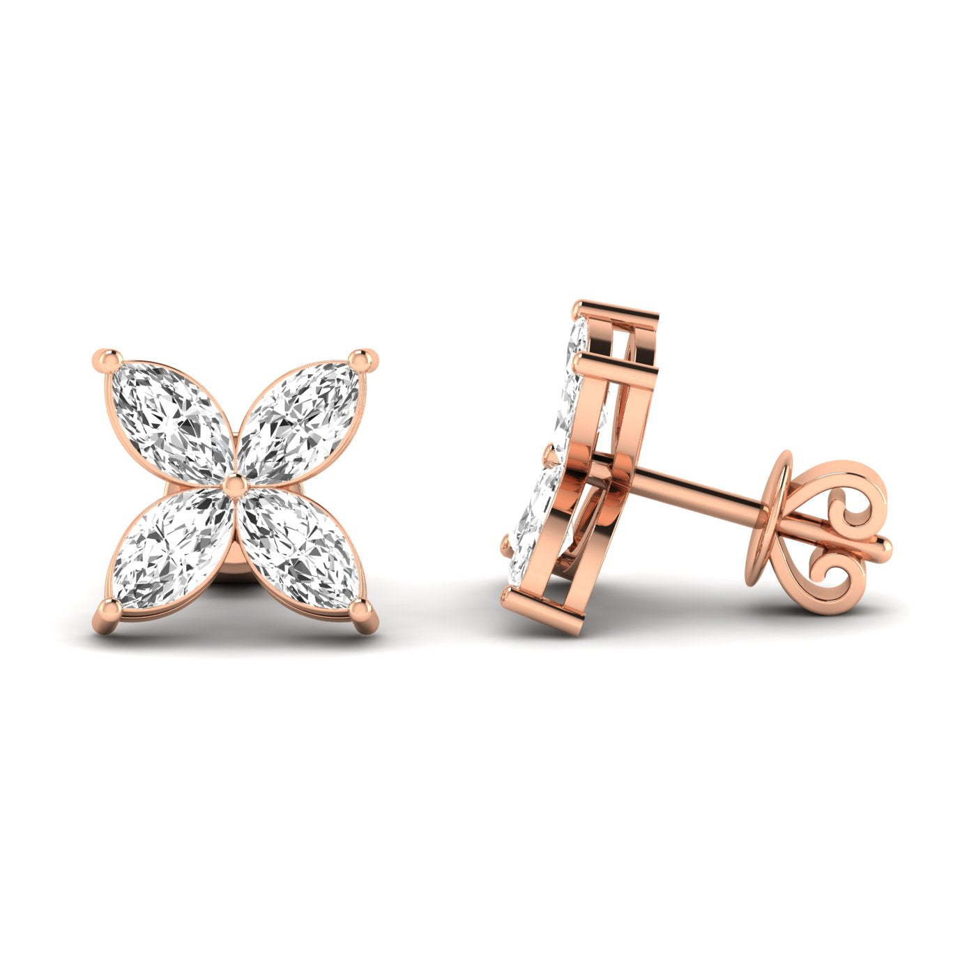 Stunning marquise cluster pedal stud earrings with brilliant diamonds, designed for elegance and sophistication in a timeless setting | Rose Gold | Side View