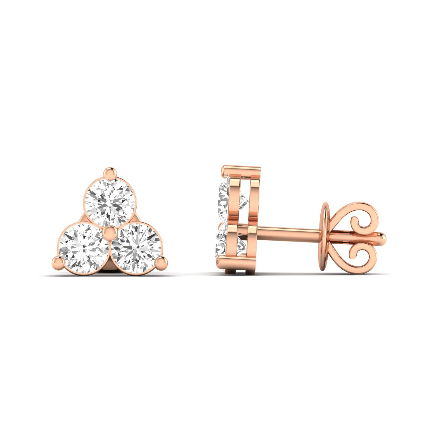 Elegant Trinity round diamond stud earrings set in platinum, symbolizing timeless beauty and sophistication | Rose Gold | Side View