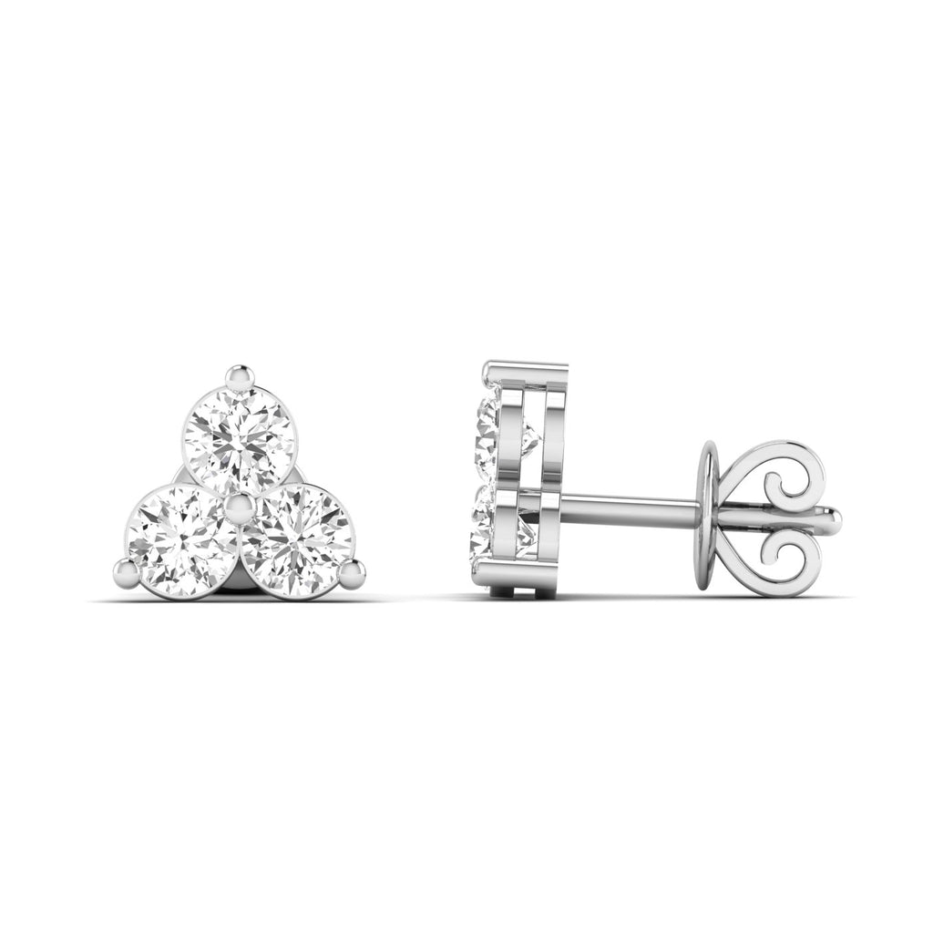 Elegant Trinity round diamond stud earrings set in platinum, symbolizing timeless beauty and sophistication | White Gold | Side View