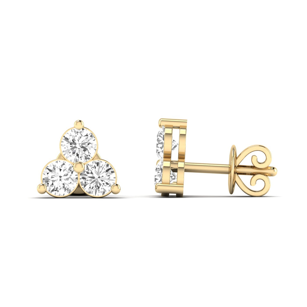 Elegant Trinity round diamond stud earrings set in platinum, symbolizing timeless beauty and sophistication | Yellow Gold | Side View