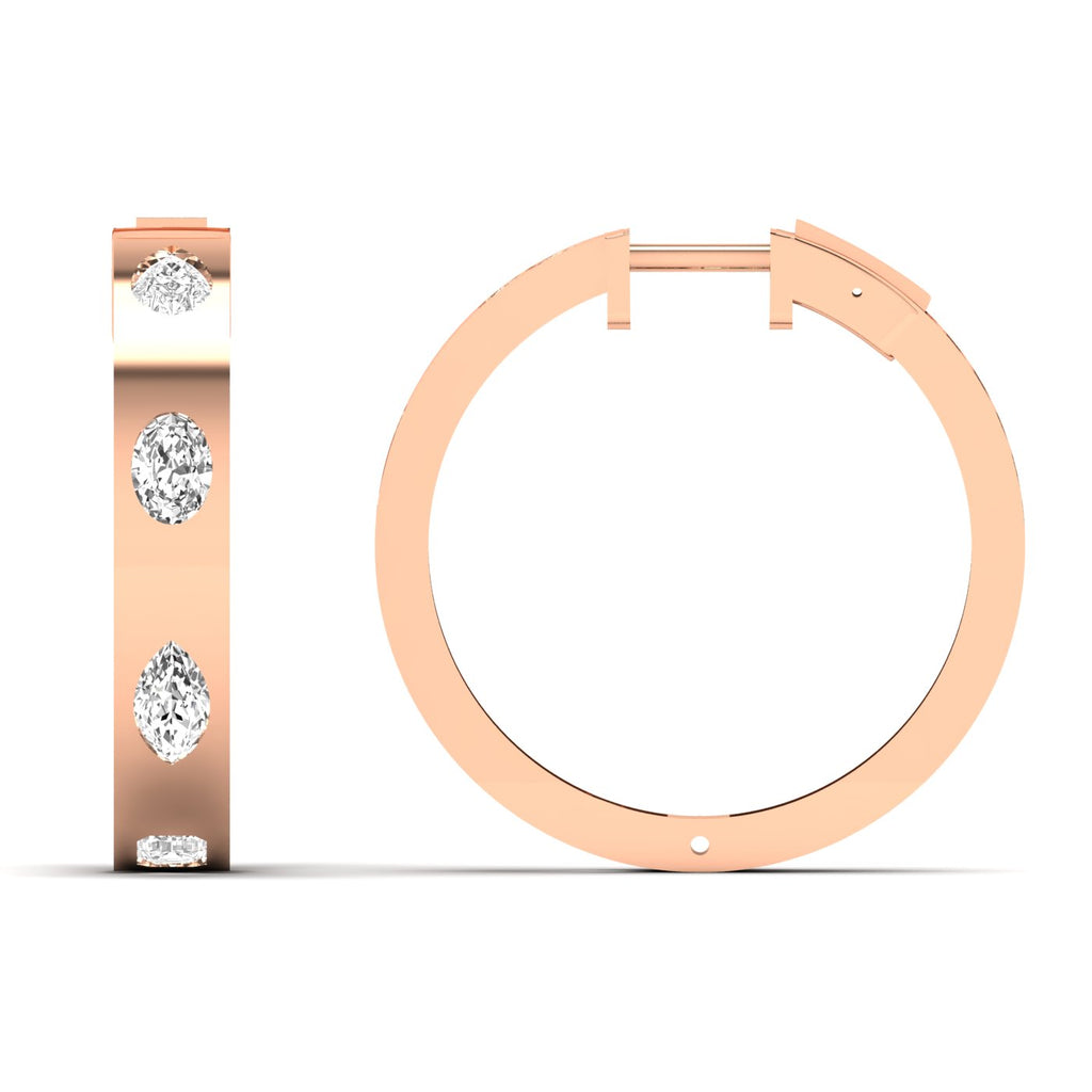 Elegant brilliant oval and pear diamond hoop earrings featuring a mix of oval and pear-shaped diamonds, set in fine metal for a luxurious and unique design | Rose Gold | Front + Side View