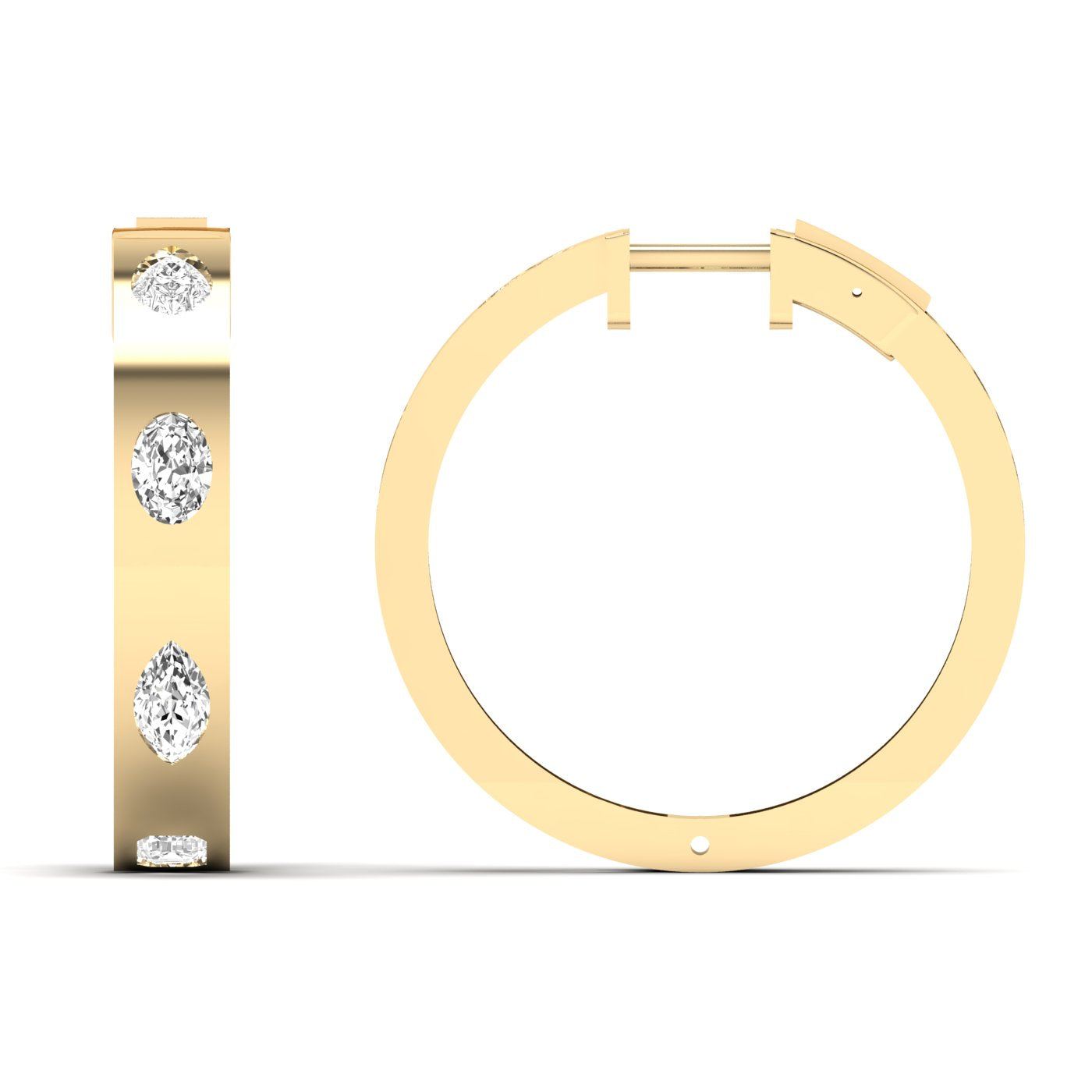 Elegant brilliant oval and pear diamond hoop earrings featuring a mix of oval and pear-shaped diamonds, set in fine metal for a luxurious and unique design | Yellow Gold | Front 
+ Side View