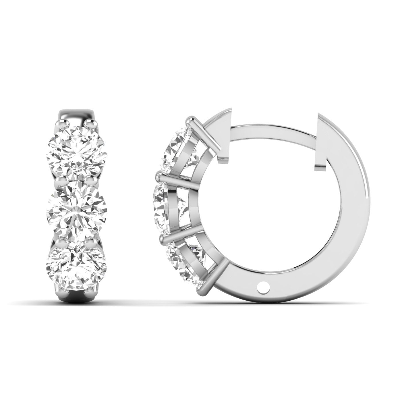 Exquisite Trinity diamond hoop earrings featuring three stunning diamonds set in a sleek hoop design, offering a timeless and elegant look for any occasion | White Gold | Front + Side View