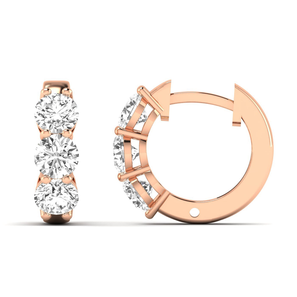 Exquisite Trinity diamond hoop earrings featuring three stunning diamonds set in a sleek hoop design, offering a timeless and elegant look for any occasion | Rose Gold | Front 
+ Side View