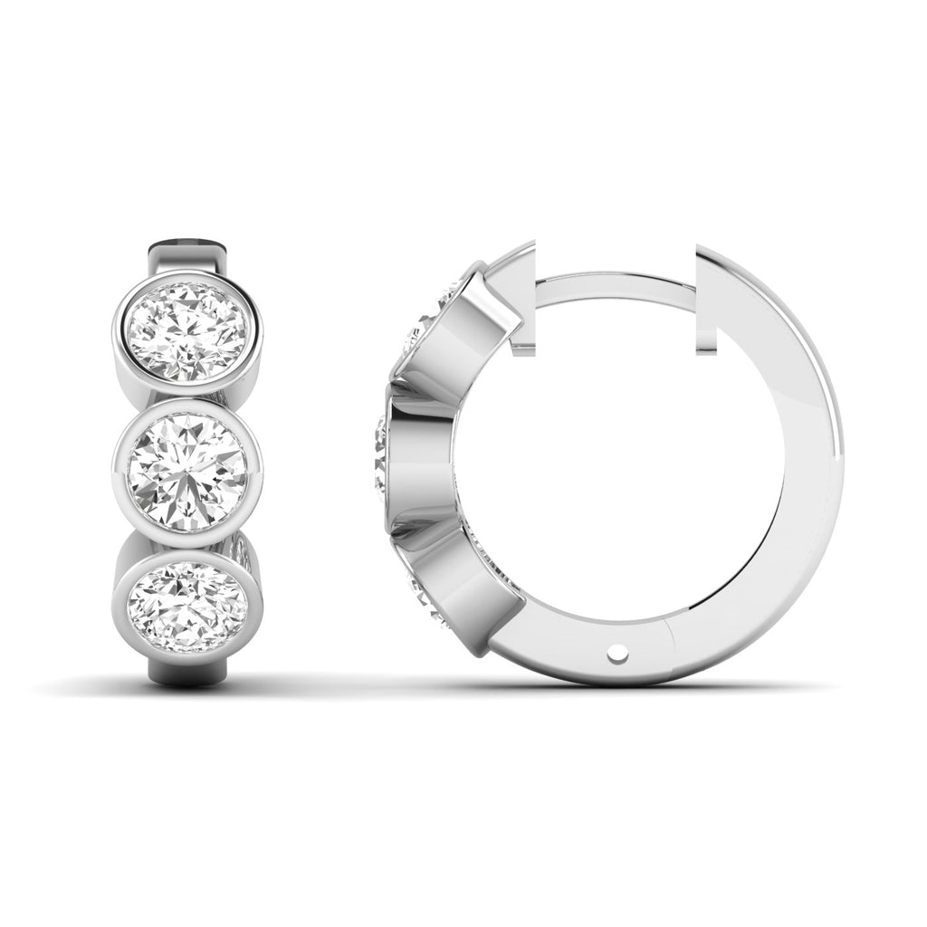 Elegant Trinity bezel diamond hoop earrings featuring three radiant diamonds set in a sleek bezel design, offering a modern, timeless, and sophisticated look | White Gold | Front + Side View