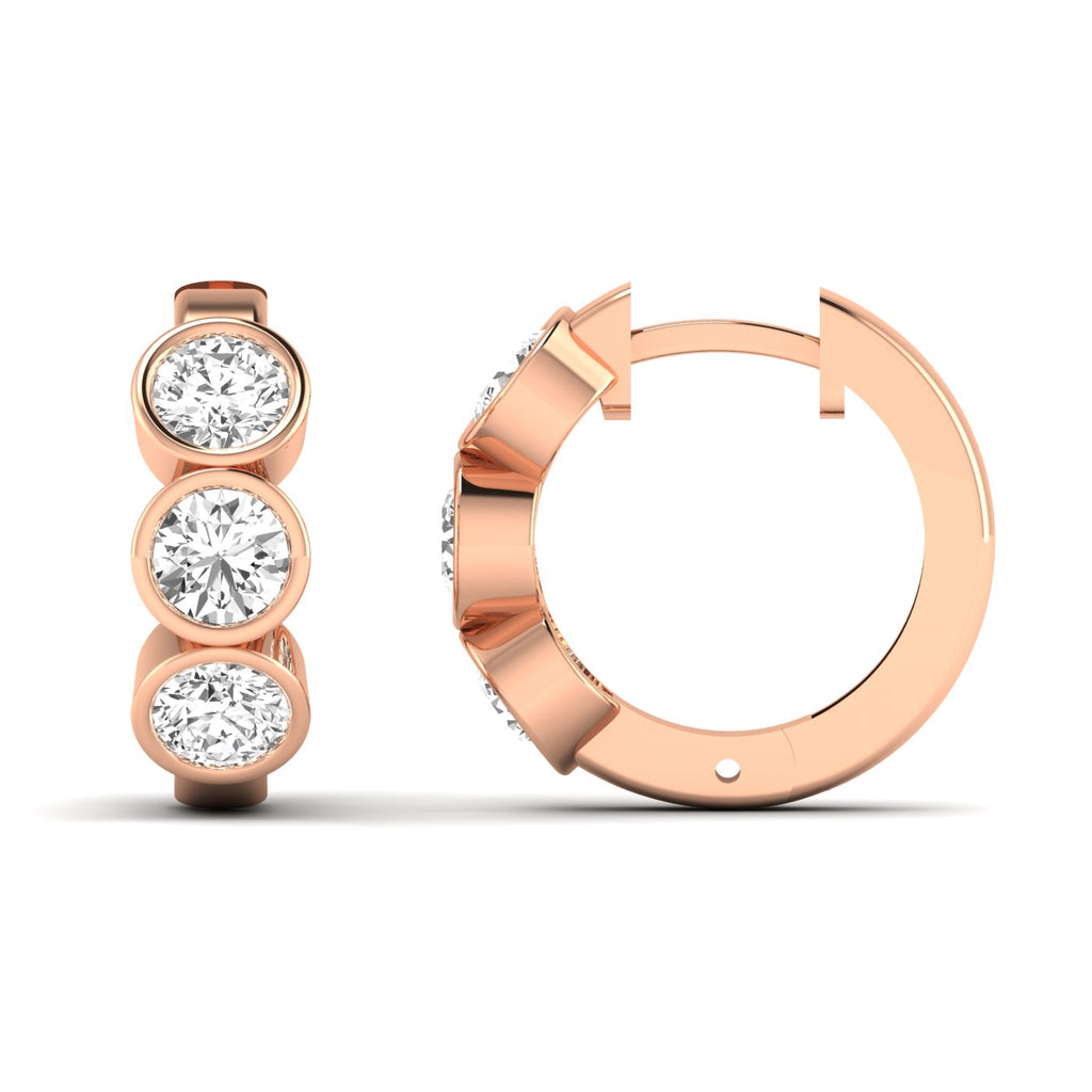 Elegant Trinity bezel diamond hoop earrings featuring three radiant diamonds set in a sleek bezel design, offering a modern, timeless, and sophisticated look | Rose Gold | Front + Side View