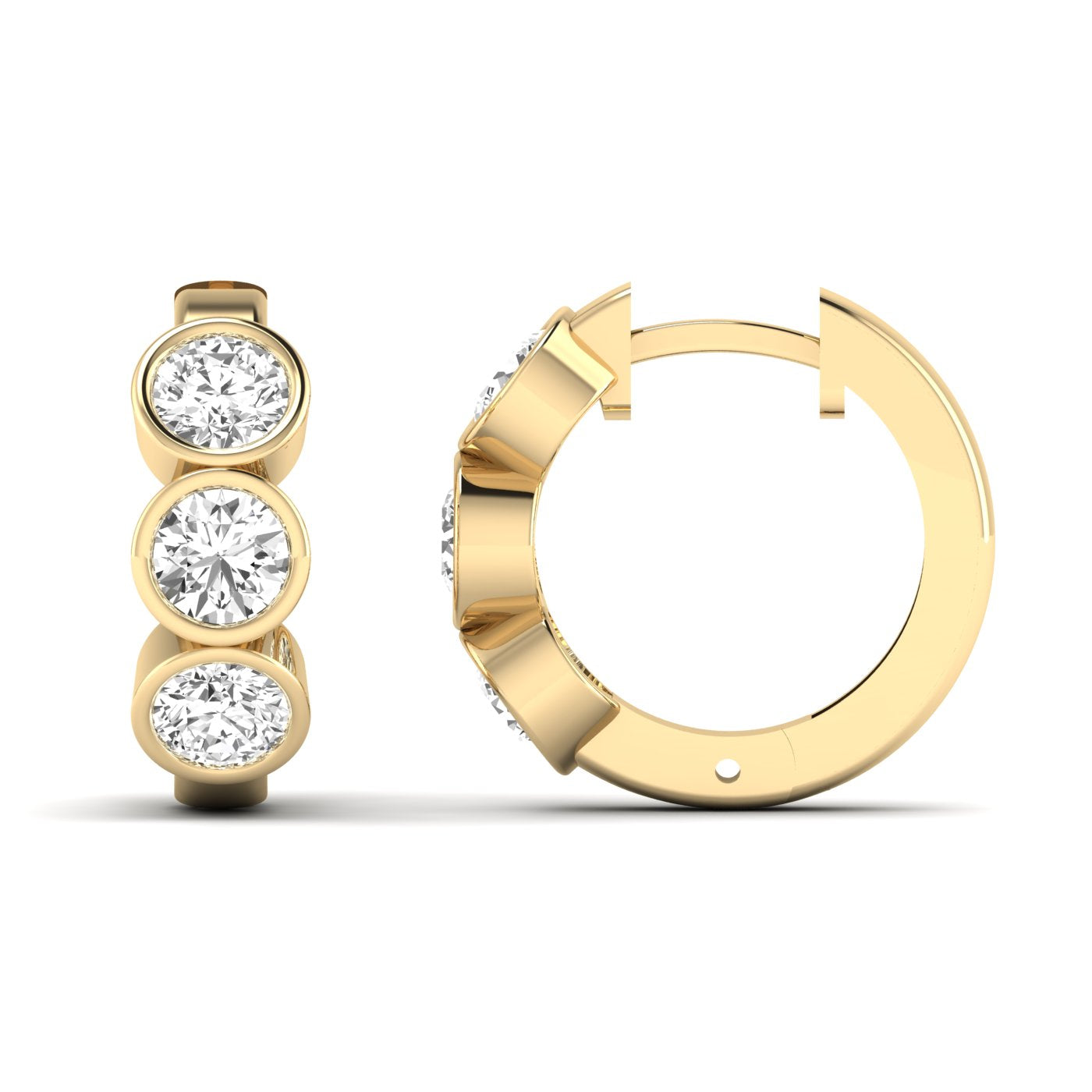 Elegant Trinity bezel diamond hoop earrings featuring three radiant diamonds set in a sleek bezel design, offering a modern, timeless, and sophisticated look | Yeiiow Gold | Front + Side View