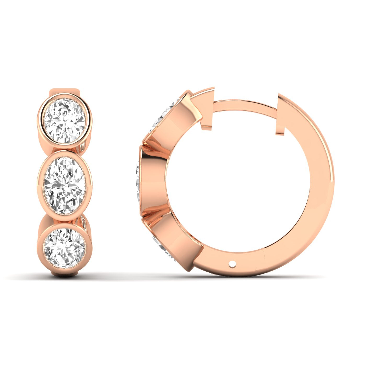 Elegant Trinity oval bezel diamond earrings featuring three oval-shaped diamonds set in a sleek bezel design, offering a modern and sophisticated look | Rose Gold | Front + Side View