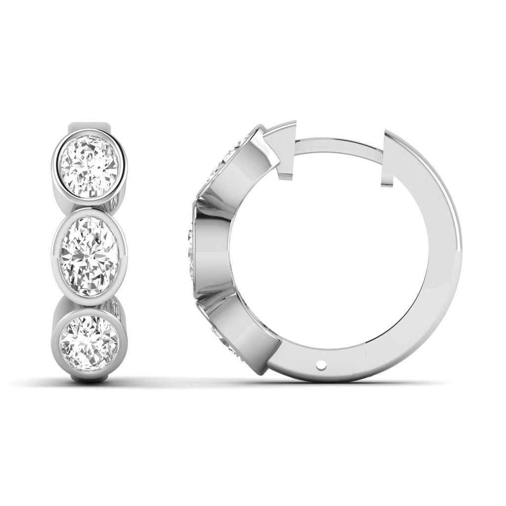 Elegant Trinity oval bezel diamond earrings featuring three oval-shaped diamonds set in a sleek bezel design, offering a modern and sophisticated look | White Gold | Front + Side View