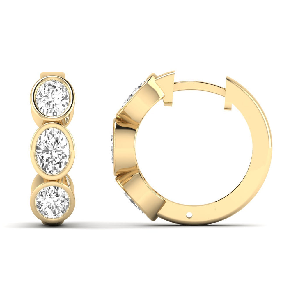 Elegant Trinity oval bezel diamond earrings featuring three oval-shaped diamonds set in a sleek bezel design, offering a modern and sophisticated look | Yellow Gold | Front + Side View