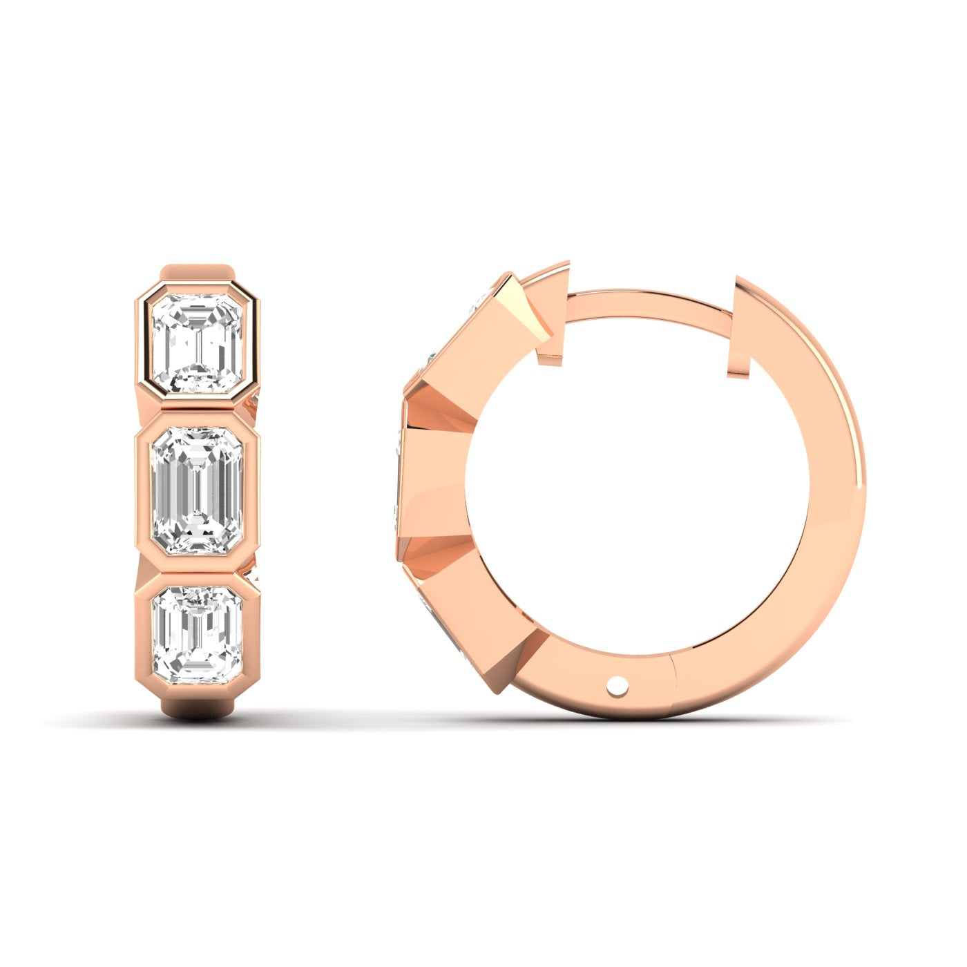 Bold Emerald Cut Bezel Hoop Earrings XL featuring large emerald-cut diamonds set in sleek bezel settings, offering a striking and sophisticated look | Rose Gold | Front + Side View