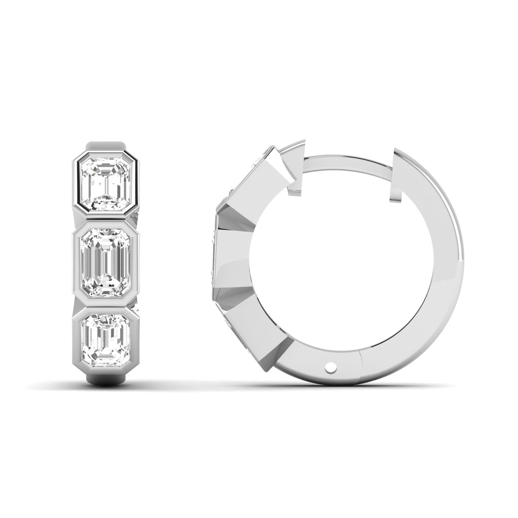 Bold Emerald Cut Bezel Hoop Earrings XL featuring large emerald-cut diamonds set in sleek bezel settings, offering a striking and sophisticated look | White Gold | Front + Side View