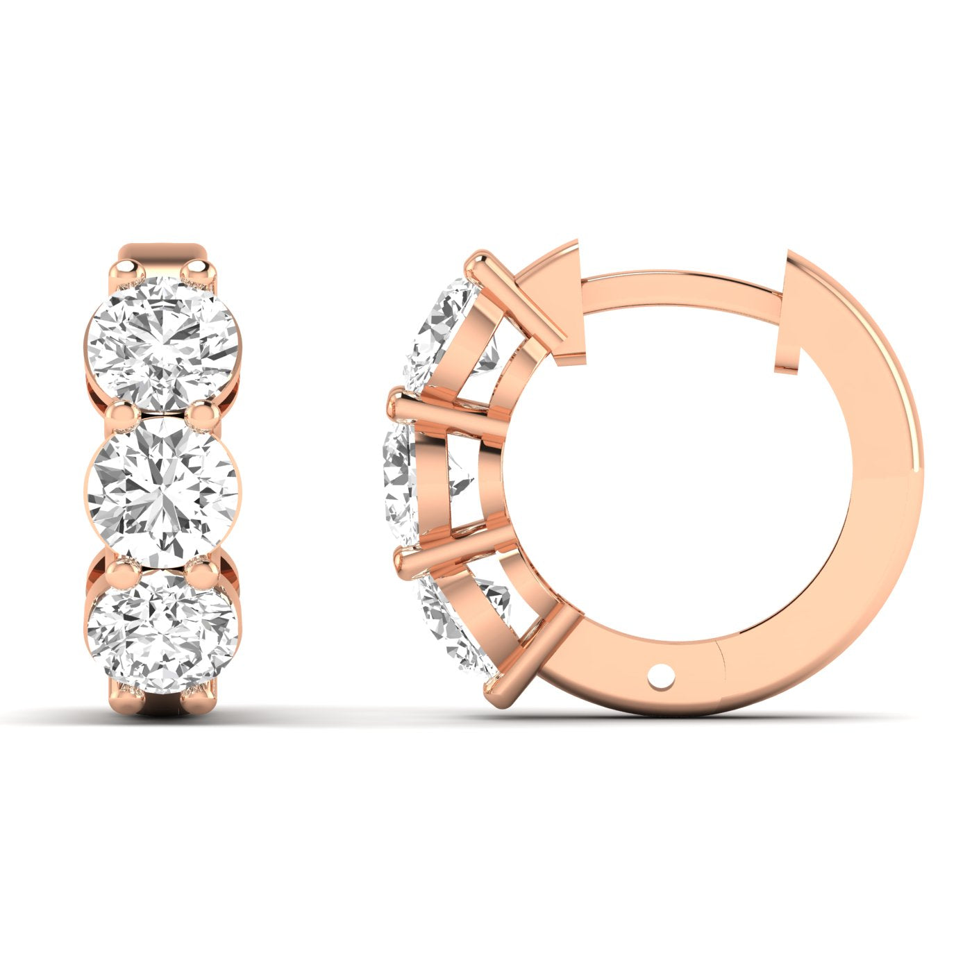 Elegant round diamond hoop earrings featuring brilliant round diamonds set in high-quality metal, offering a timeless and sparkling design for any occasion | Rose Gold | Front + Side View