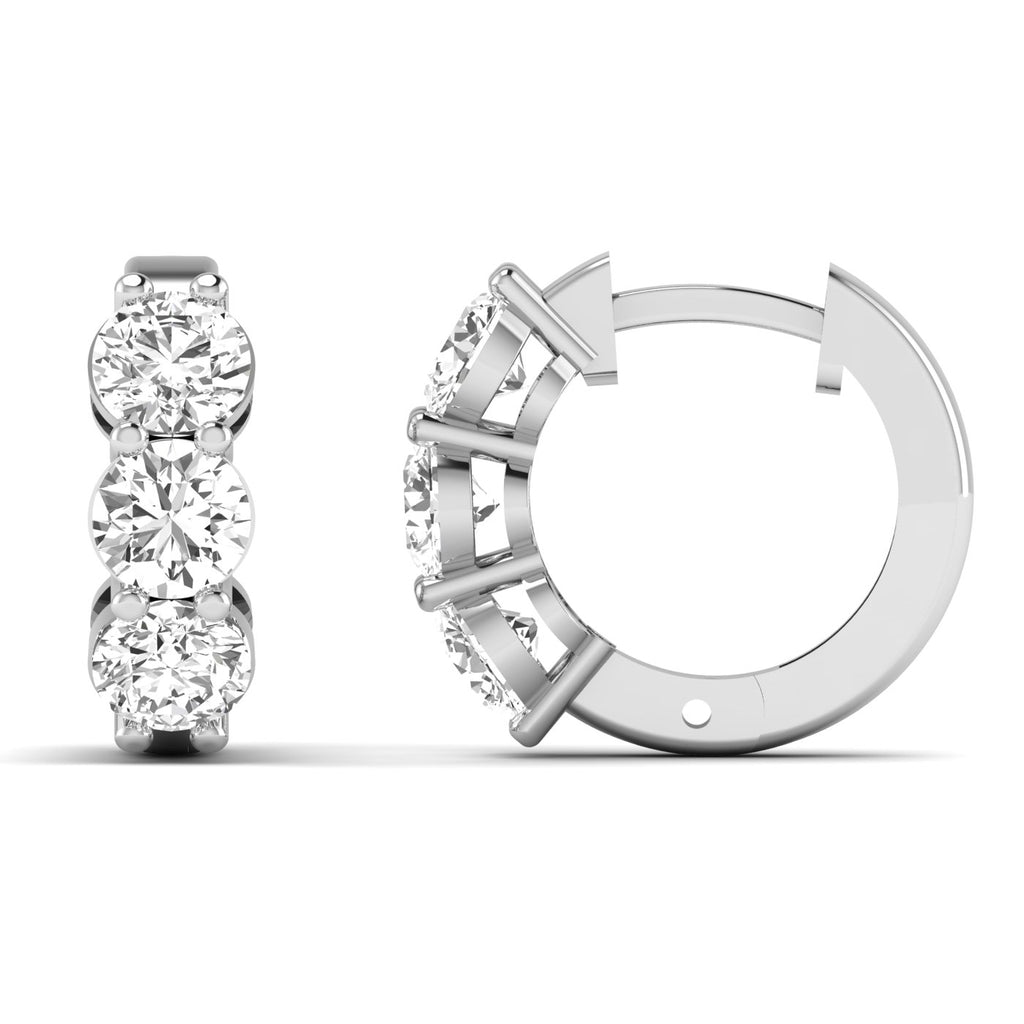 Elegant round diamond hoop earrings featuring brilliant round diamonds set in high-quality metal, offering a timeless and sparkling design for any occasion | White Gold | Front + Side View