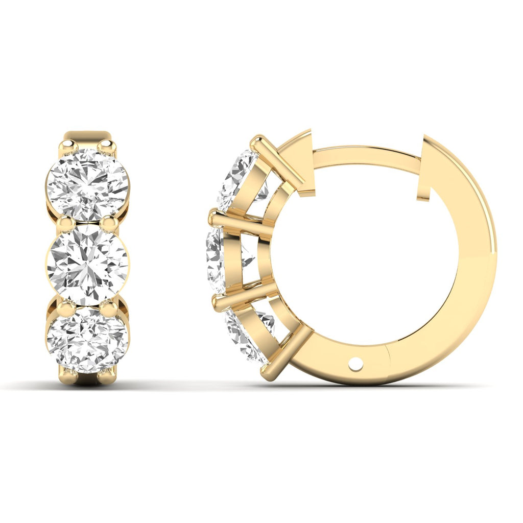 Elegant round diamond hoop earrings featuring brilliant round diamonds set in high-quality metal, offering a timeless and sparkling design for any occasion | Yellow Gold | Front + Side View