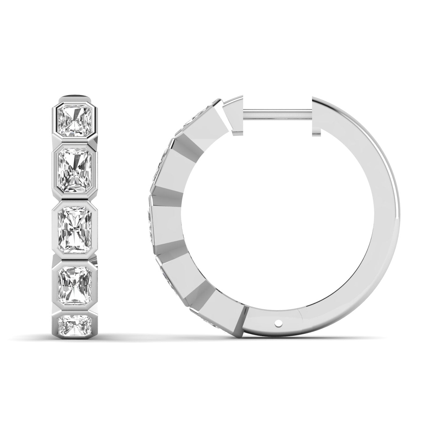 Stunning Radiant Cut Hoops Diamond Earrings featuring sparkling radiant-cut diamonds set in a sleek hoop design, offering a bold and sophisticated look | White Gold | Front + Side View