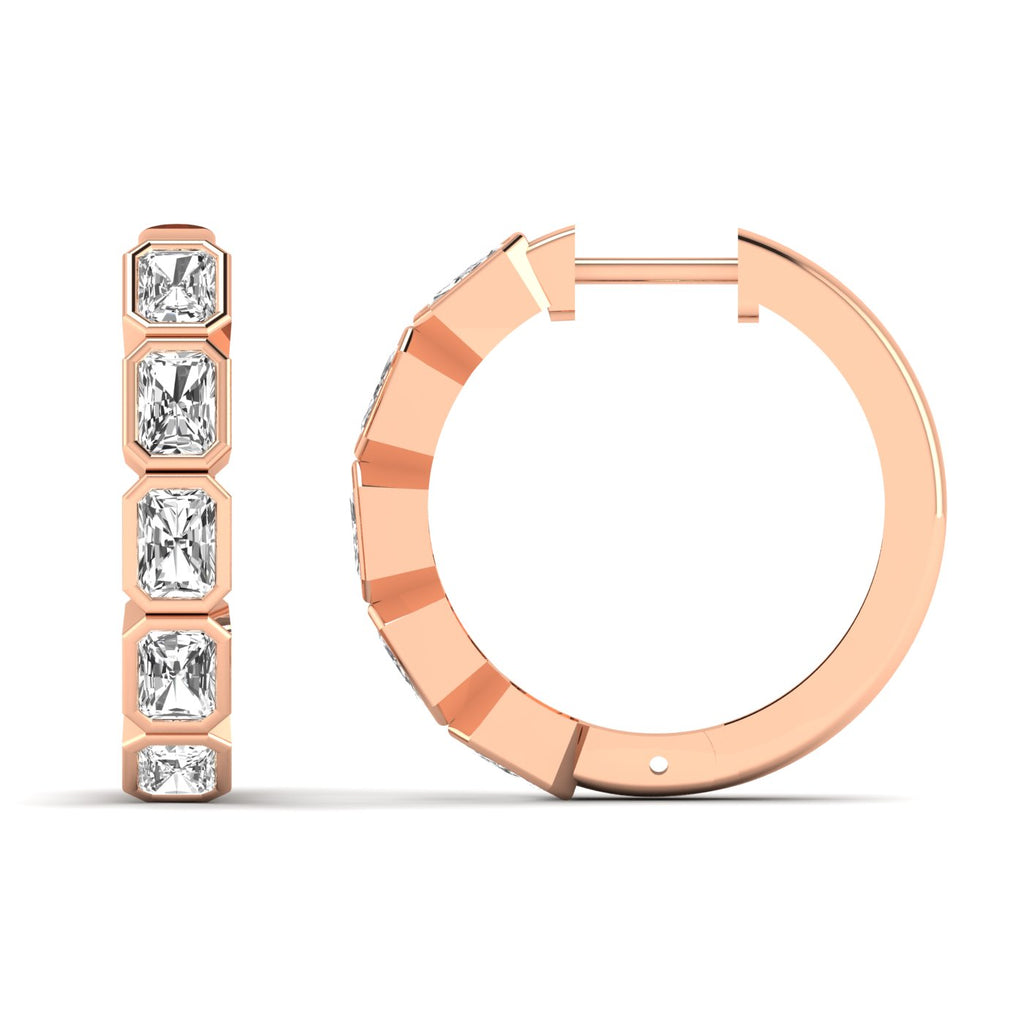 Stunning Radiant Cut Hoops Diamond Earrings featuring sparkling radiant-cut diamonds set in a sleek hoop design, offering a bold and sophisticated look | Rose Gold | Front + Side View